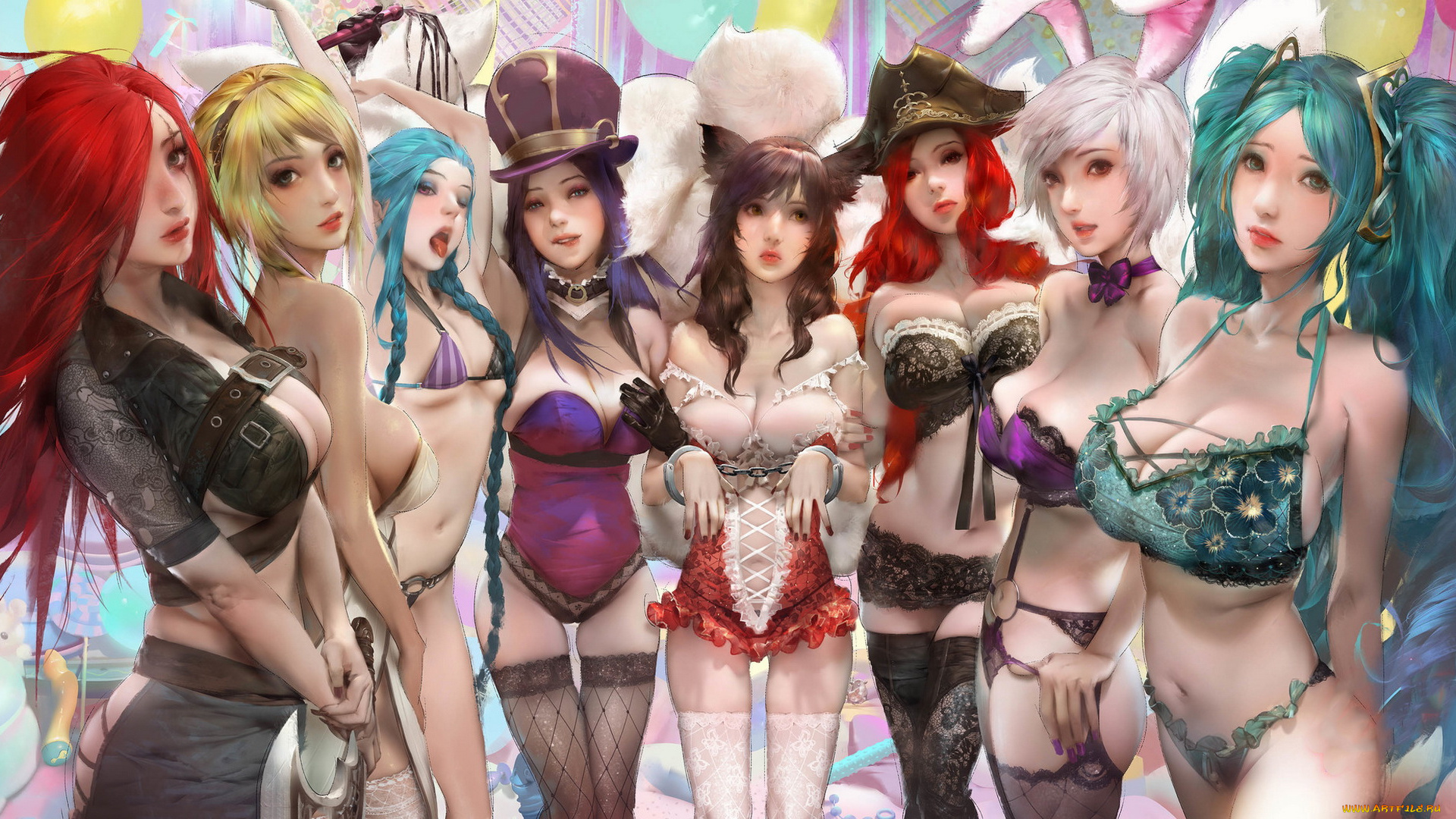 видео, игры, league, of, legends, девушки, фон, взгляд, униформа, katarina, lux, jinx, caitlin, ahri, miss, fortune, riven, sona