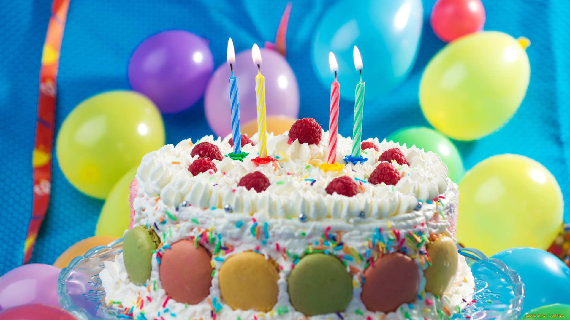 праздничные, день, рождения, шарики, торт, свечи