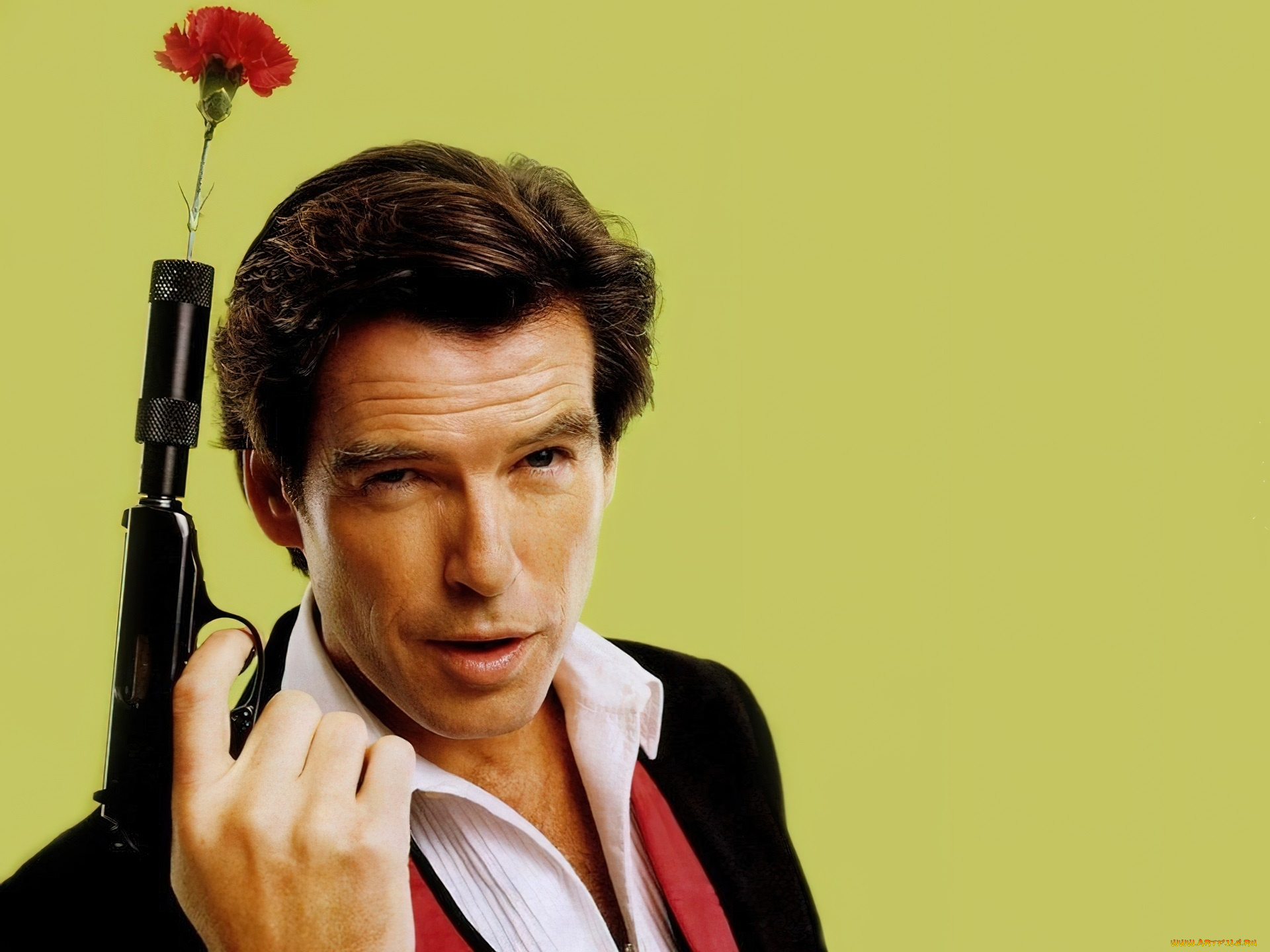 мужчины, pierce, brosnan, актер, лицо, пистолет, гвоздика