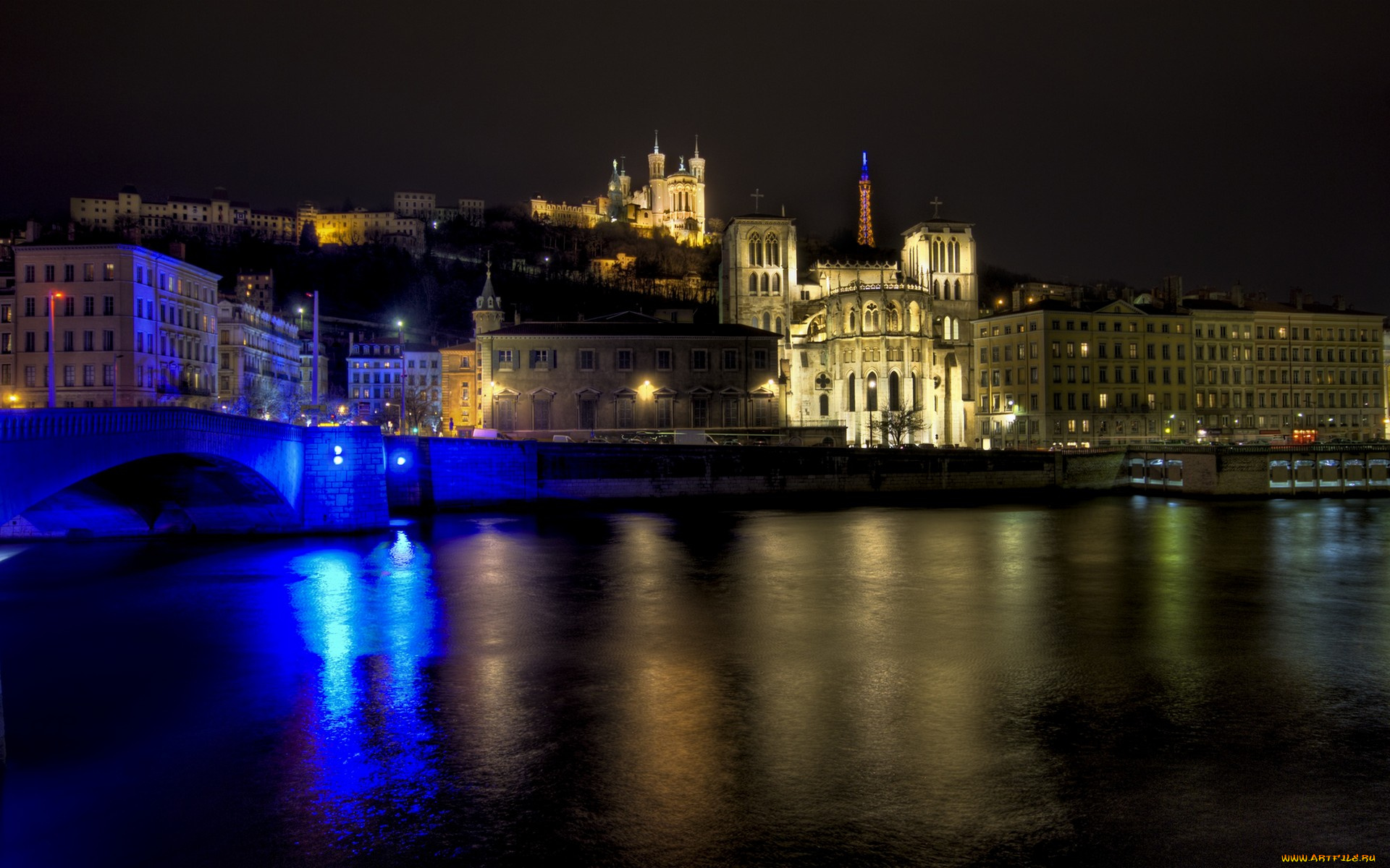 notre, dame, in, lyon, города, огни, ночного, france