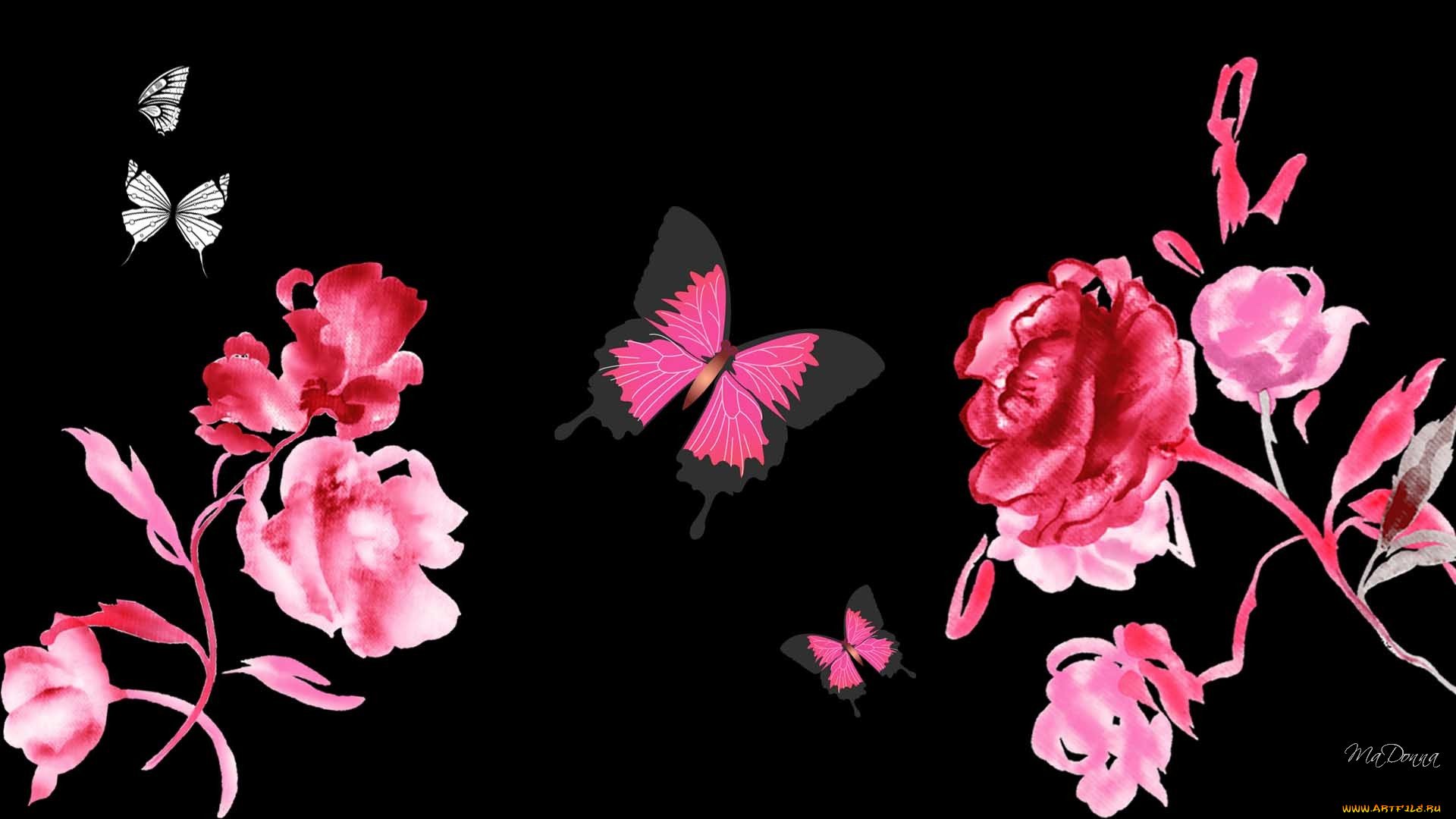 векторная, графика, цветы, бабочка