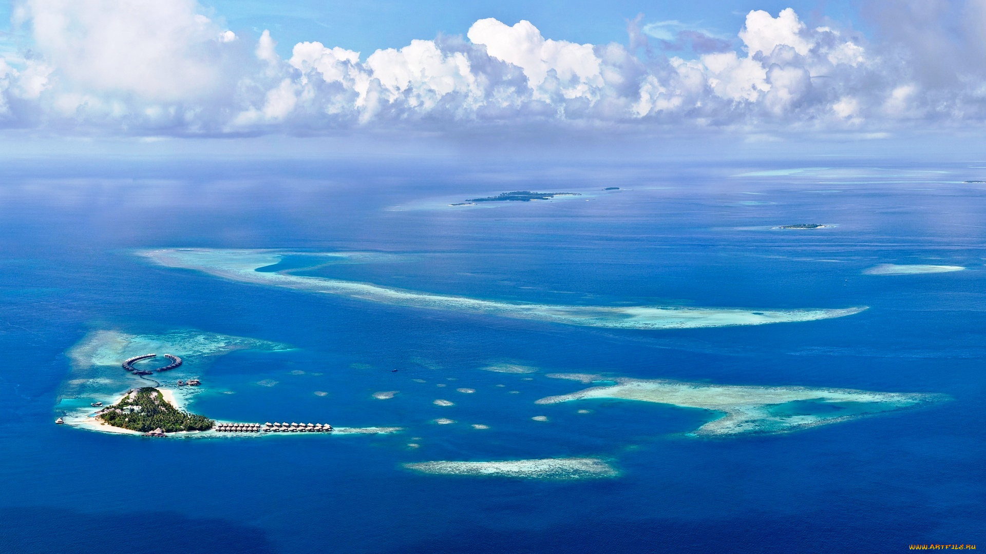 мальдивские, острова, природа, тропики, остров, домики, море, облака