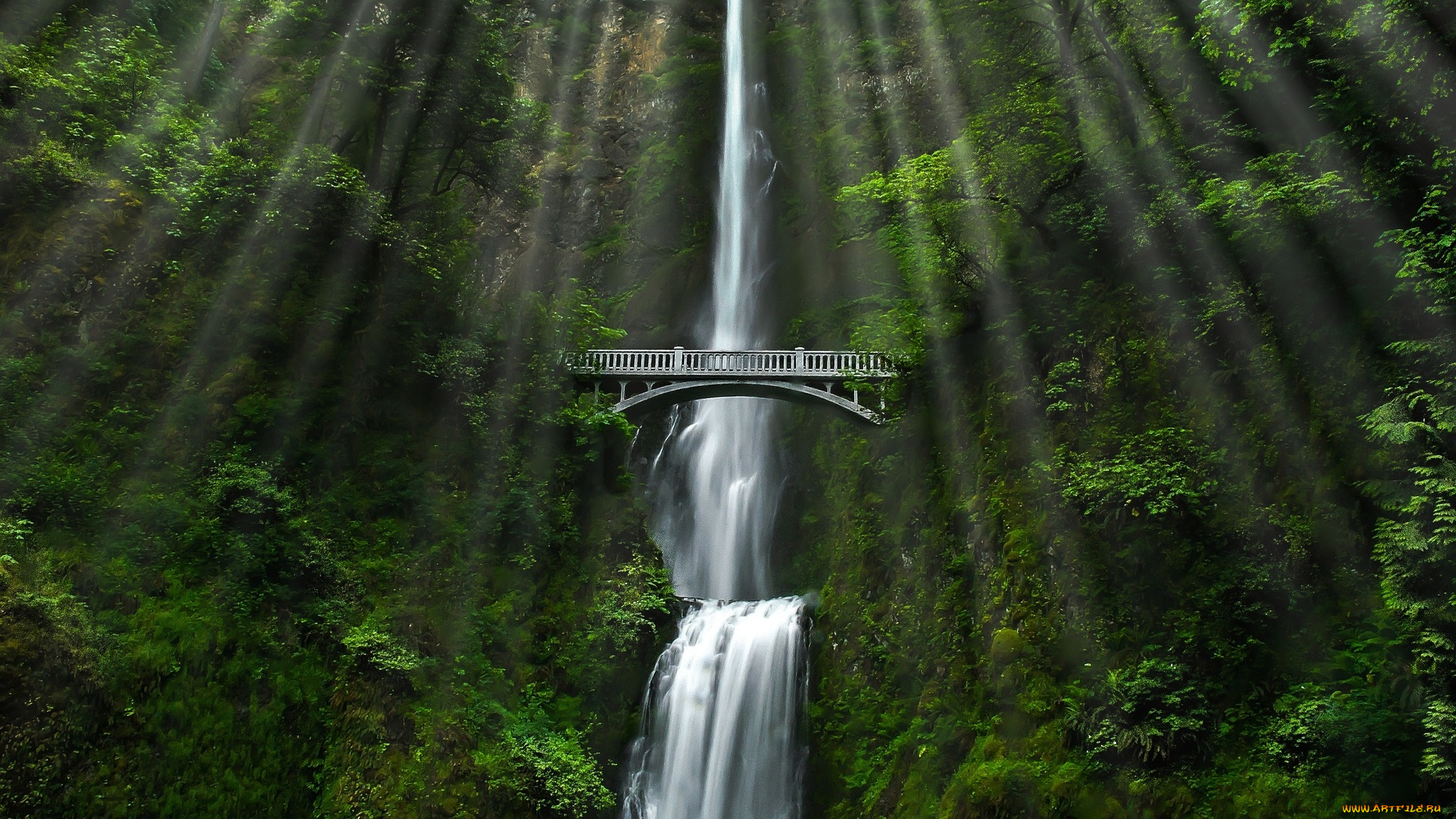 природа, водопады, водопад, обрыв, мост, зелень, лучи, деревья