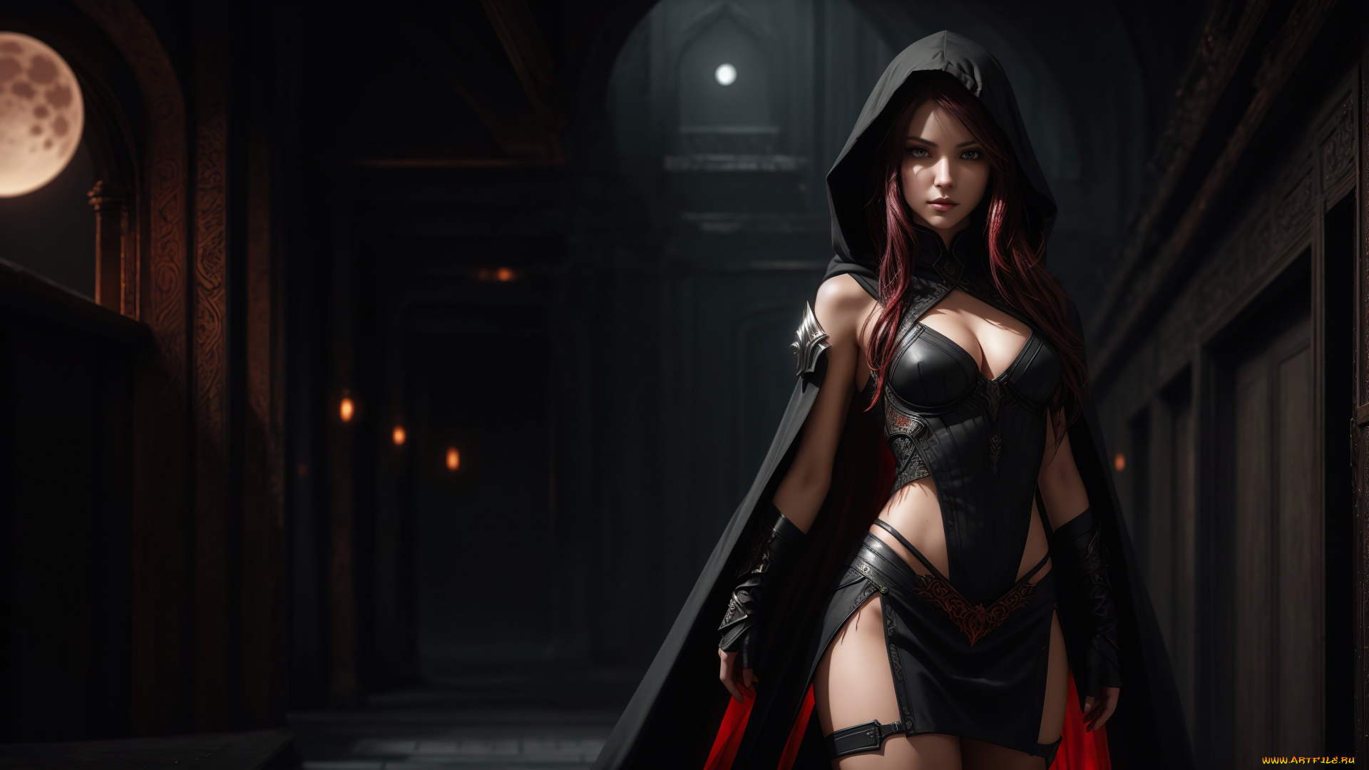 красотка, 3д, графика, люди, , people, girl, fantasy, red, hair, art, digital, hood, stand