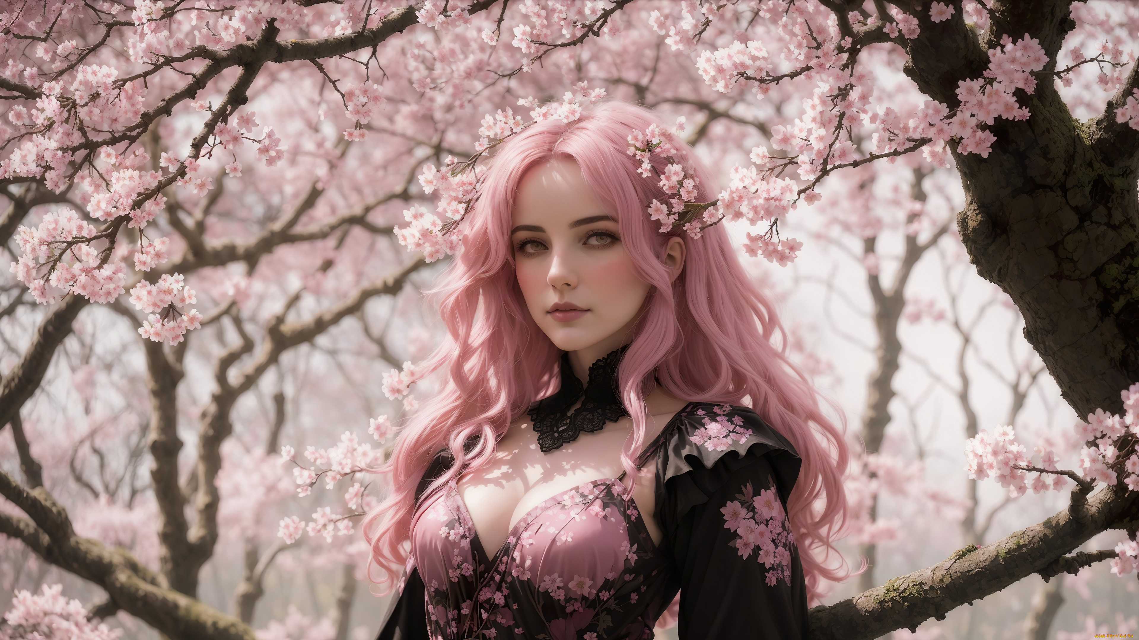 красотка, 3д, графика, люди, , people, girl, fantasy, sakura, pink, hair, dress, nature, art