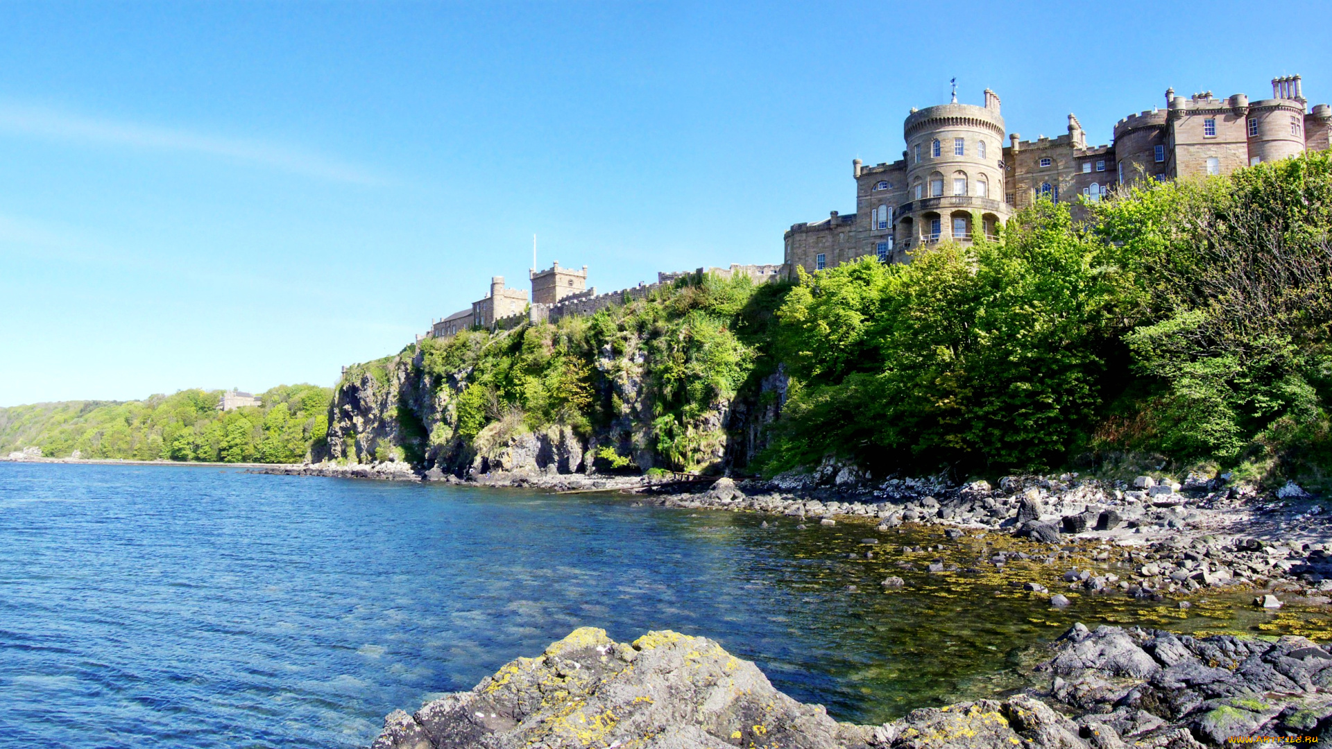 culzean, castle, from, the, sea, города, дворцы, замки, крепости, озеро, башни, стены, замок