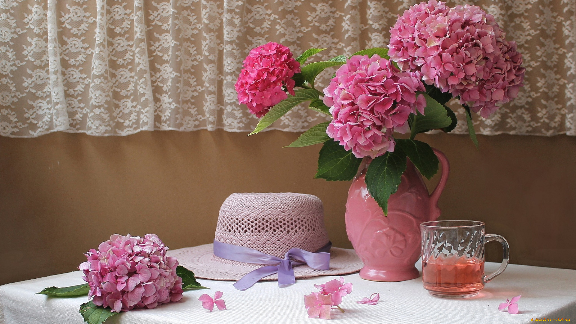 цветы, гортензия, розовый, шляпа