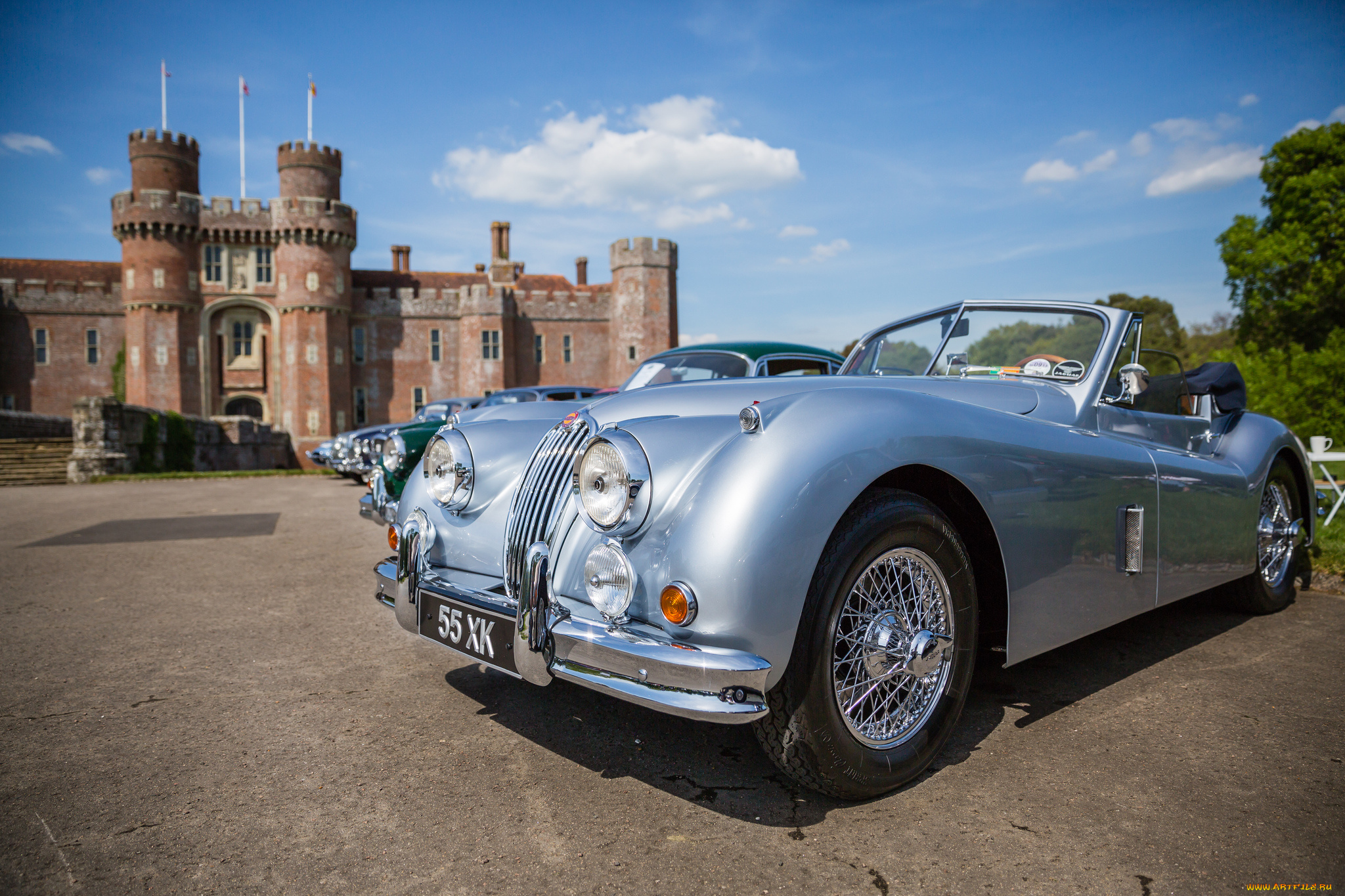 jaguar, xk120, автомобили, herstmonceux, castle, england, замок, хёрстмонсо, англия, ретро, классика