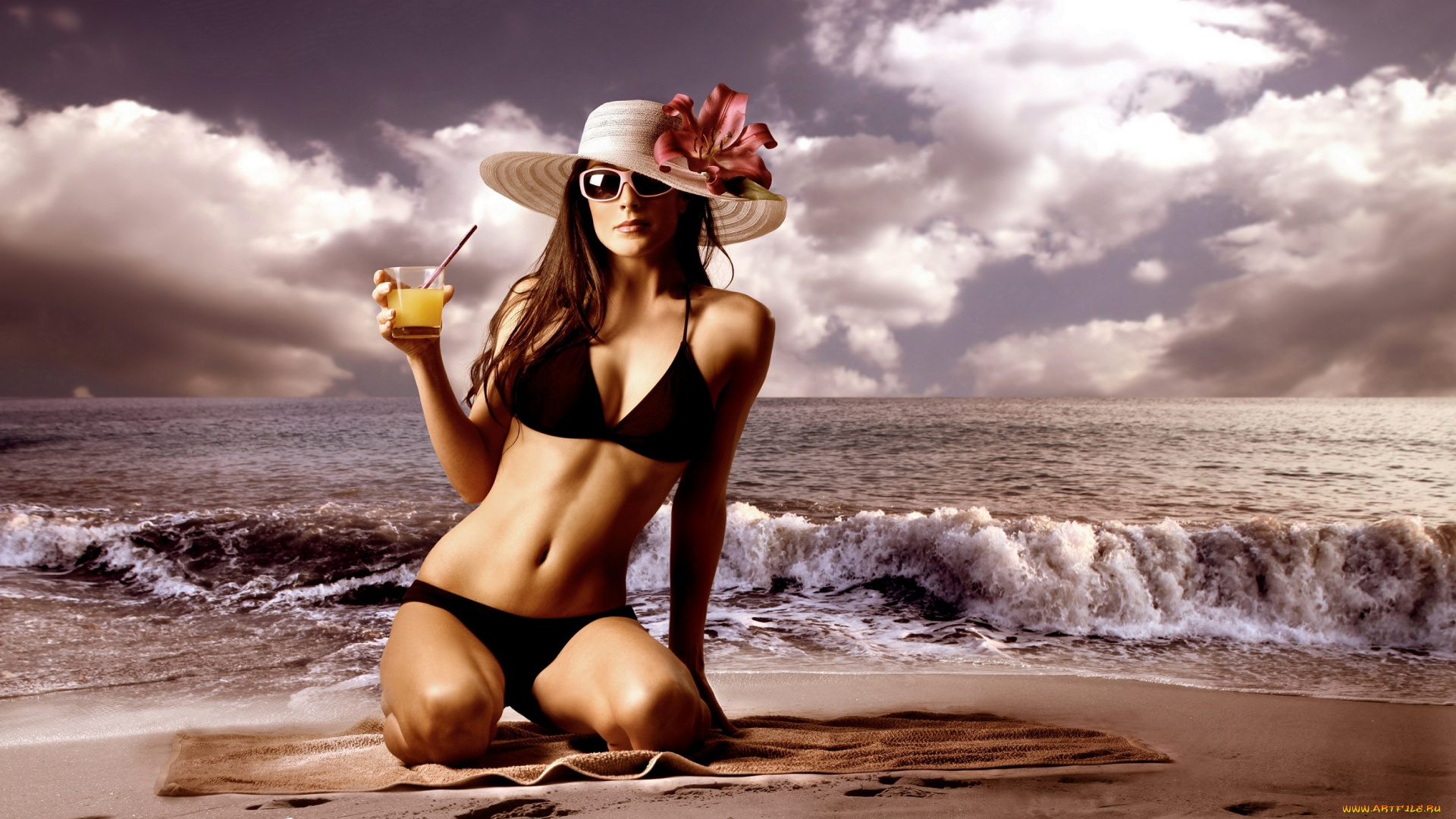 девушки, -unsort, , брюнетки, , шатенки, сок, очки, шляпа, купальник, девушка, море, пляж