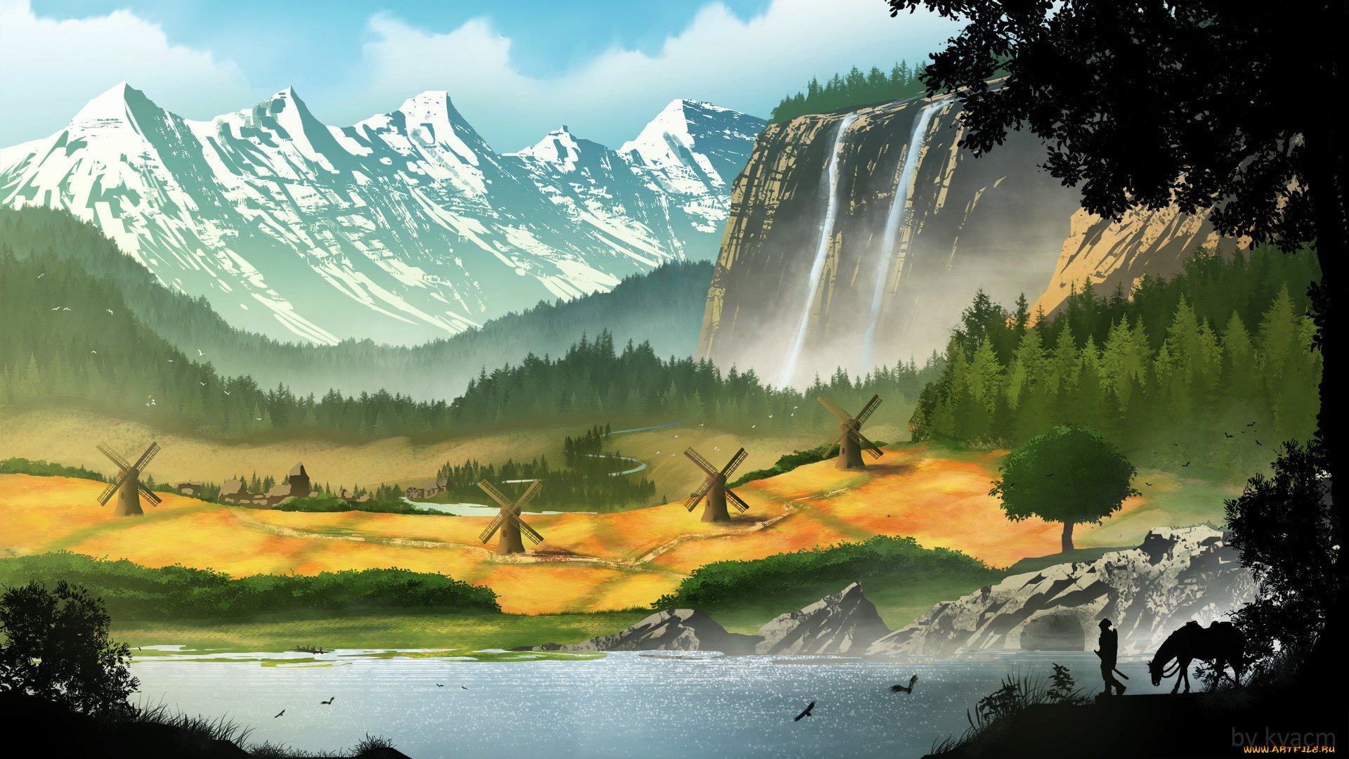 рисованное, природа, village, commission, мельницы, долина, водопад, горы