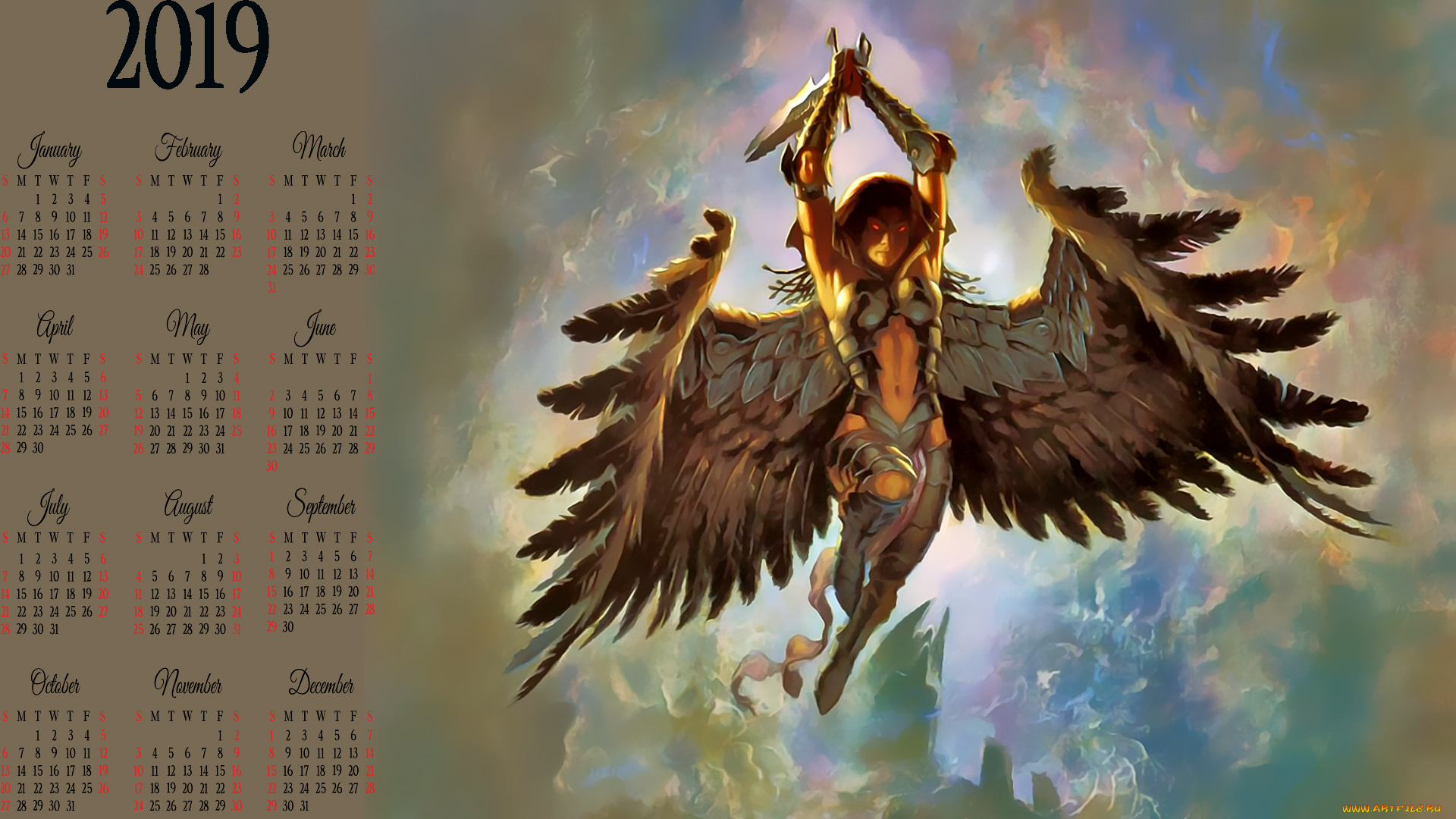 календари, фэнтези, 2019, существо, крылья, оружие, calendar