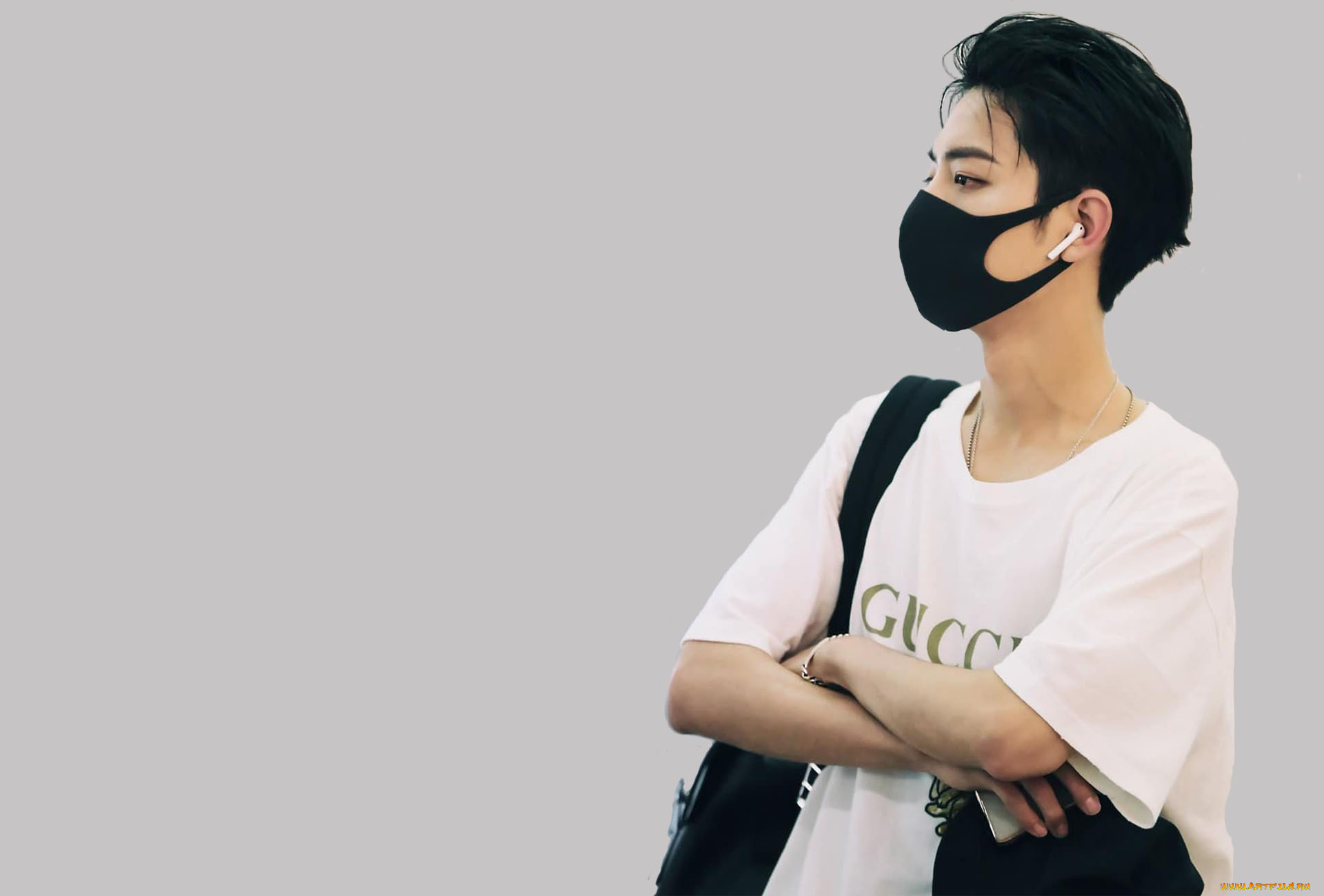 мужчины, xiao, zhan, актер, маска, наушник, футболка, сумка