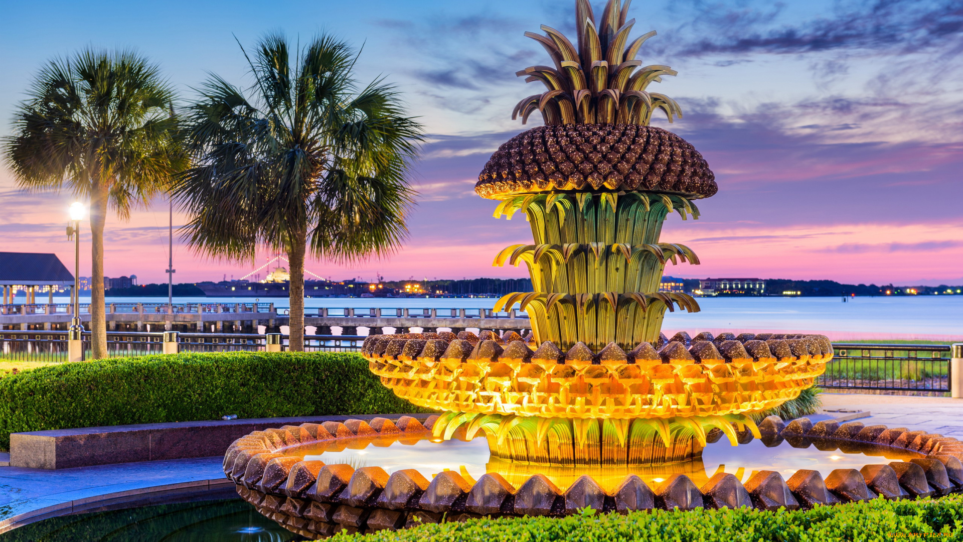 pineapple, fountain, charleston, города, -, фонтаны, pineapple, fountain