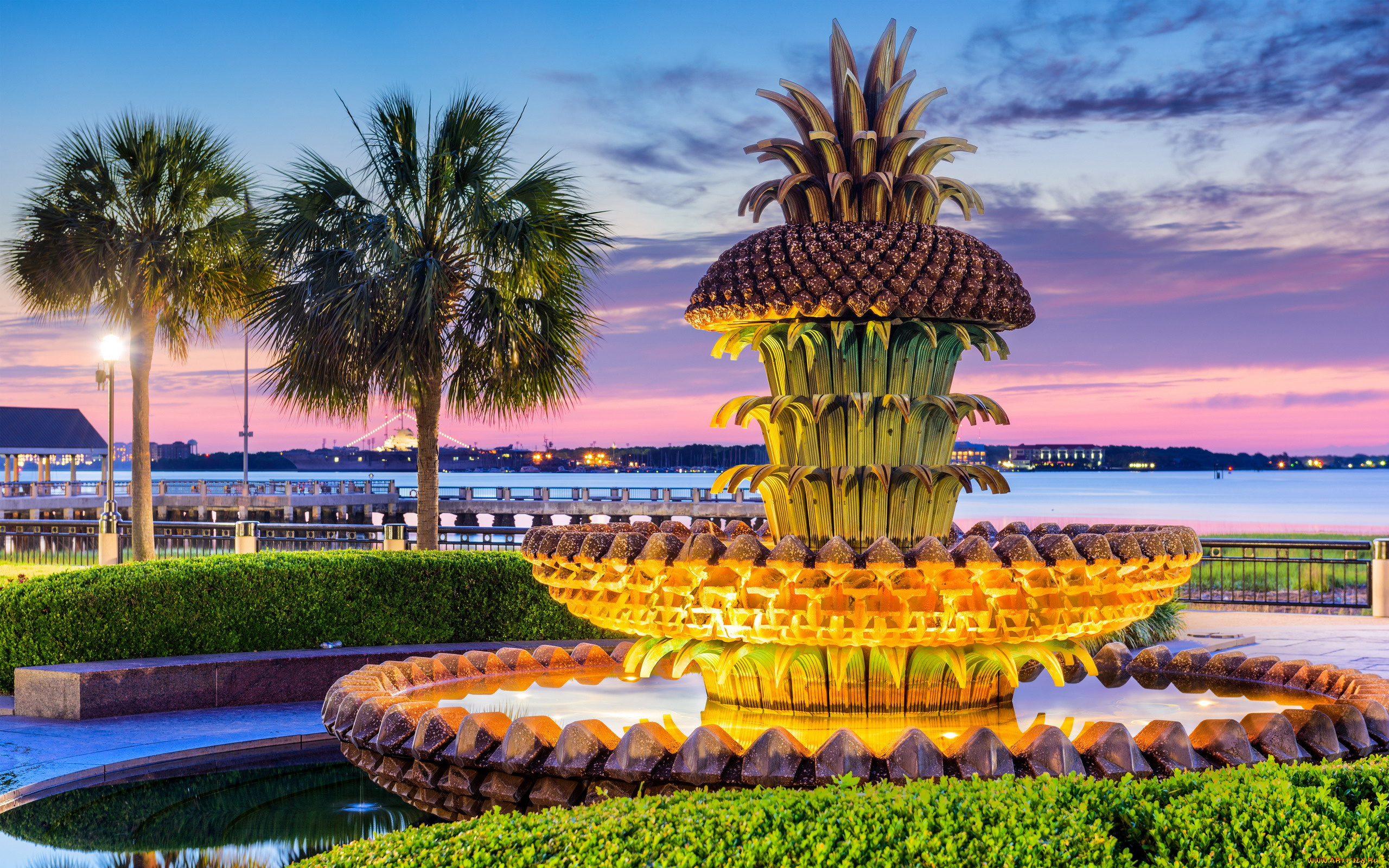 pineapple, fountain, charleston, города, -, фонтаны, pineapple, fountain