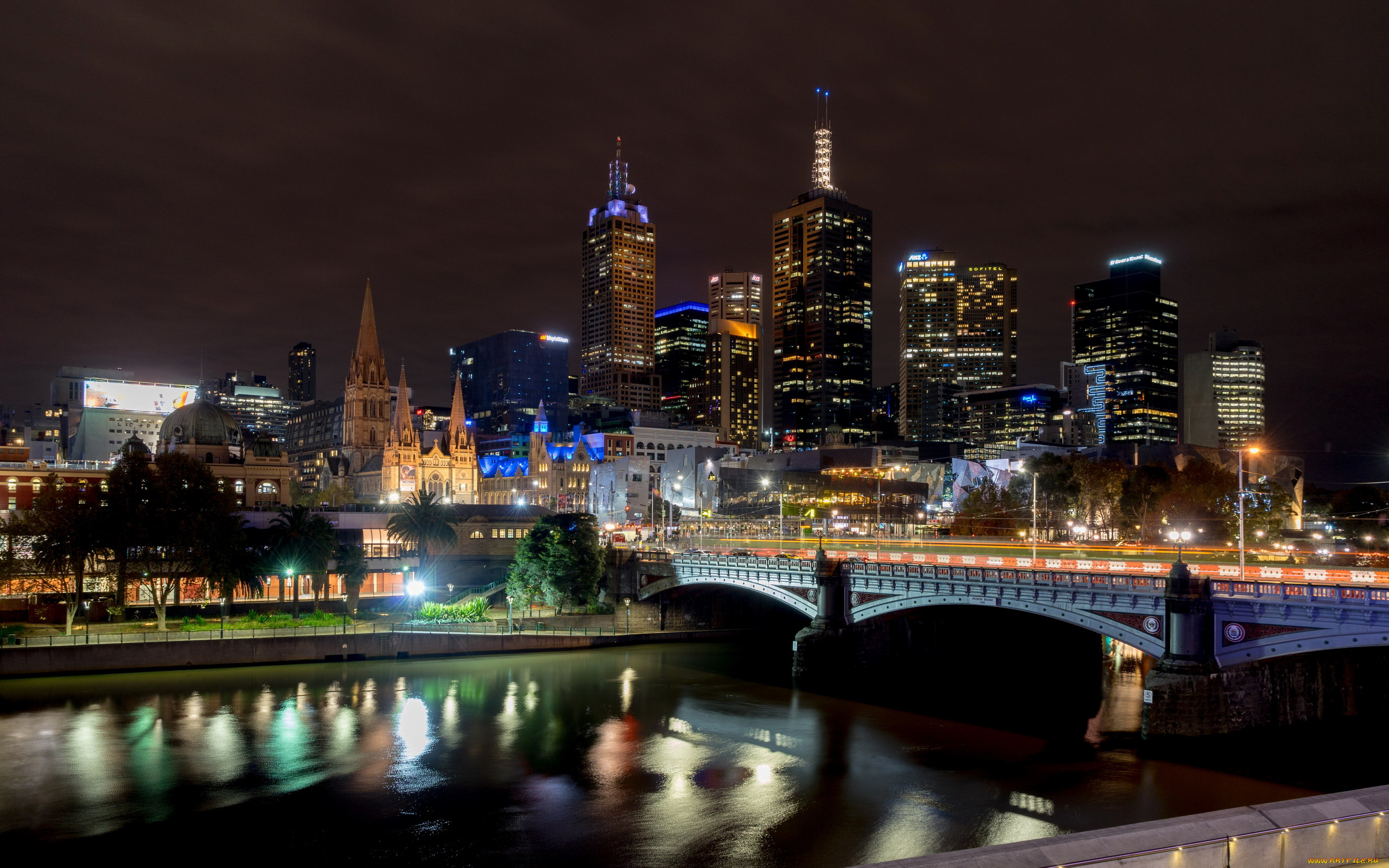 города, мельбурн, , австралия, ночь, река, мост, огни