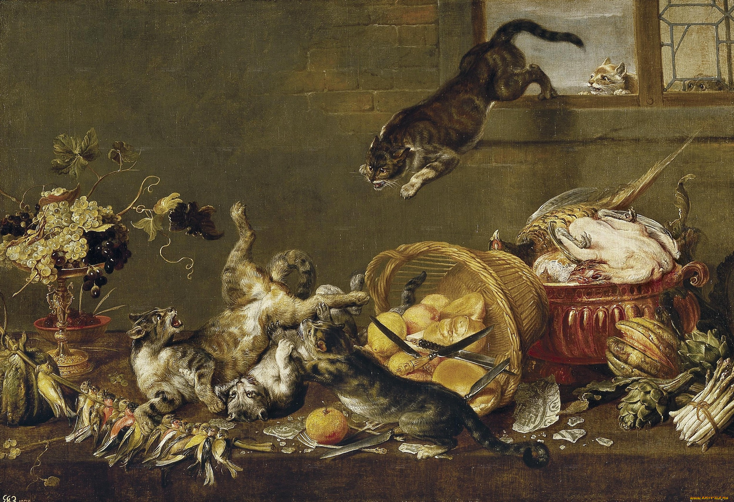 фламандская, живопись, xvii, века, рисованные, ножи, хлеб, мясо, фрукты, коты, драка, окно