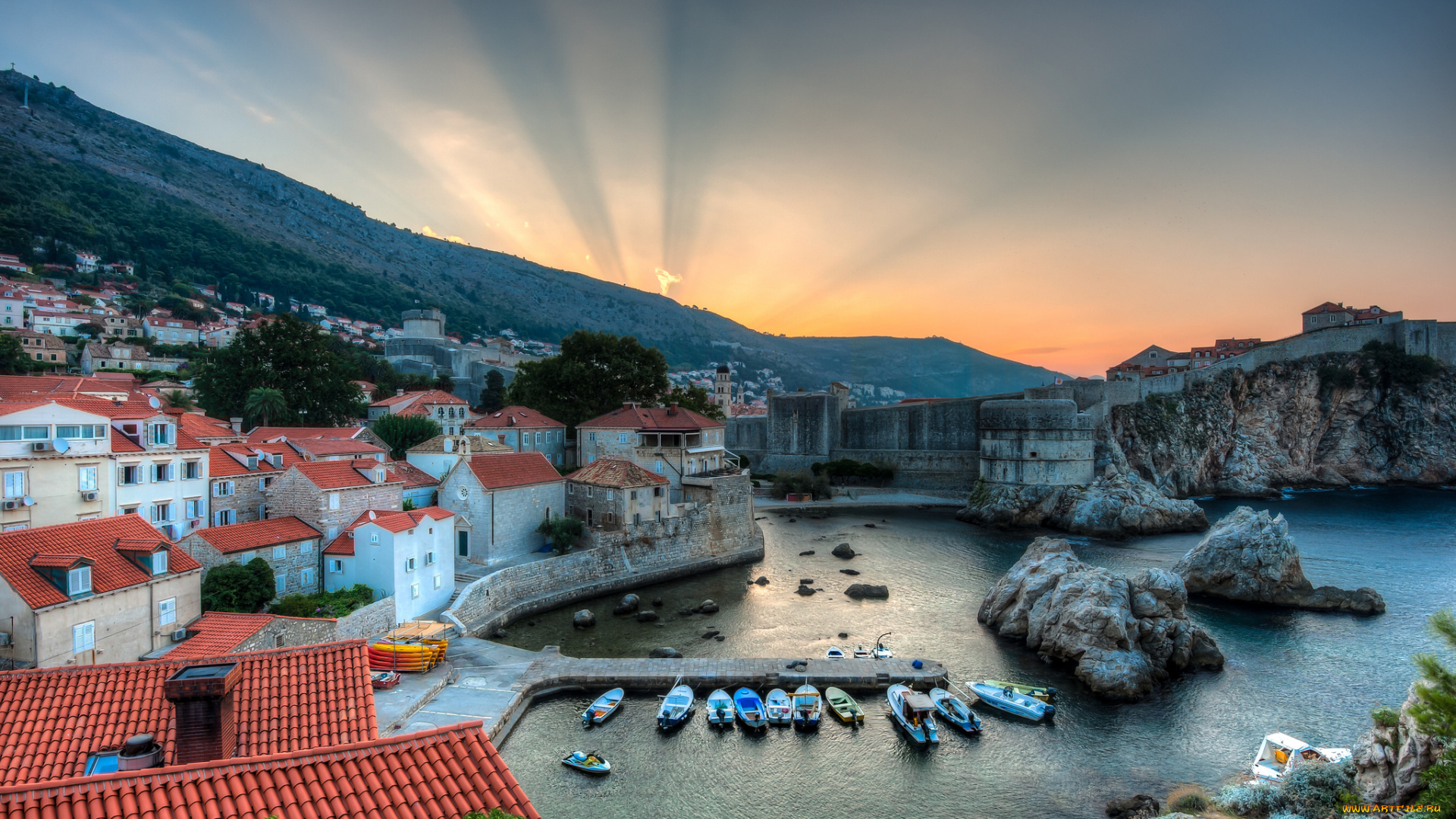 dubrovnik, croatia, города, дубровник, хорватия, бухта, катера, восход, панорама, пейзаж