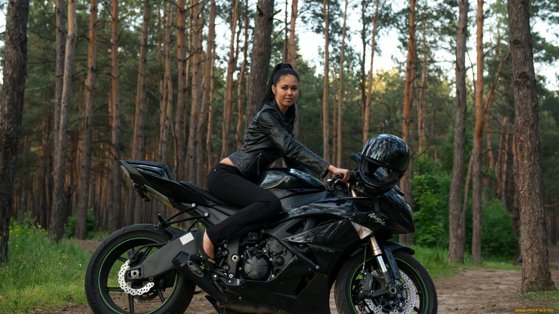 мотоциклы, мото, девушкой, motorbike, motorcycle, kawasaki, ninja, forrest, brunette