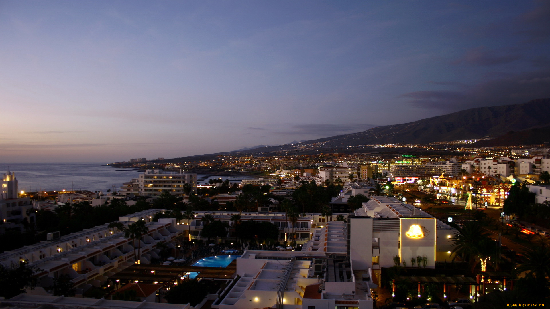 tenerife, испания, города, огни, ночного, ночь