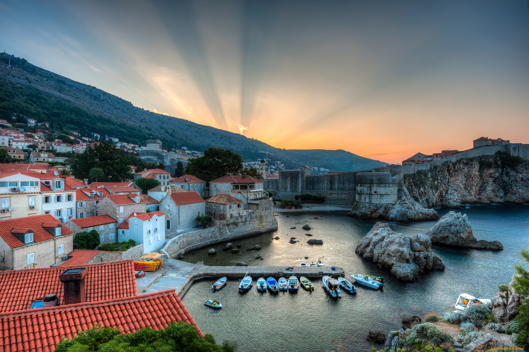 dubrovnik, croatia, города, дубровник, хорватия, бухта, катера, восход, панорама, пейзаж