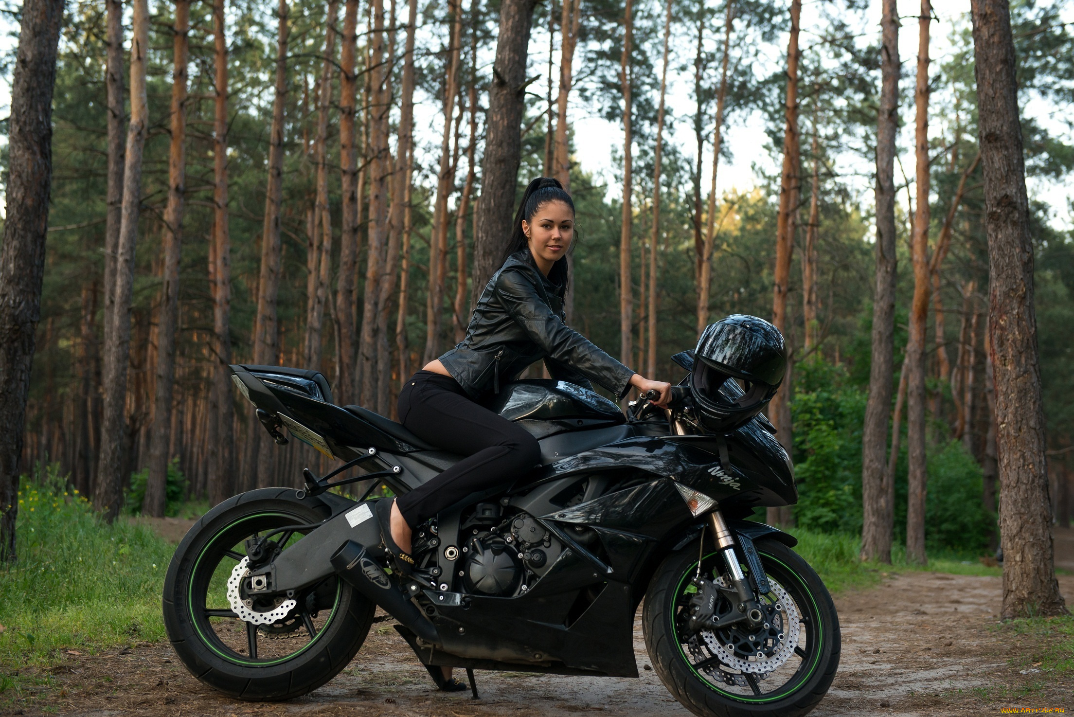 мотоциклы, мото, девушкой, motorbike, motorcycle, kawasaki, ninja, forrest, brunette