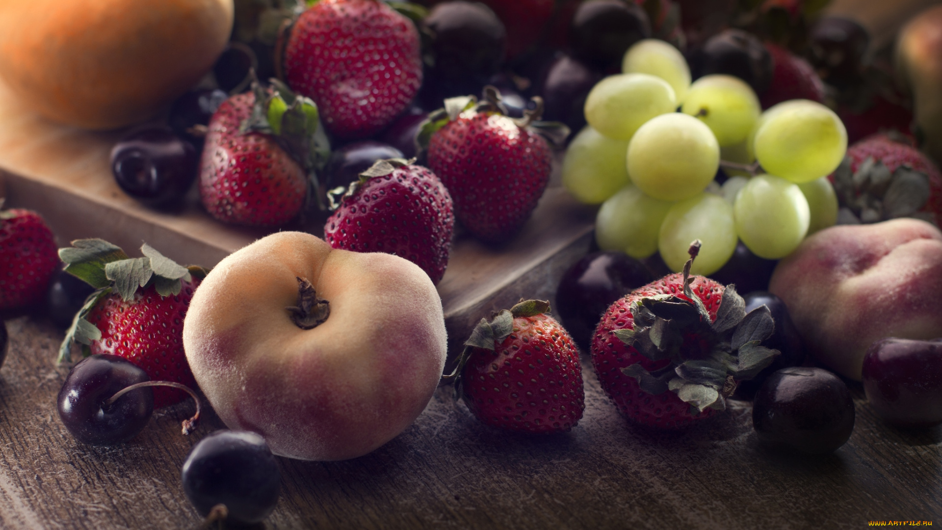 еда, фрукты, ягоды, персик, виноград, вишня, клубника