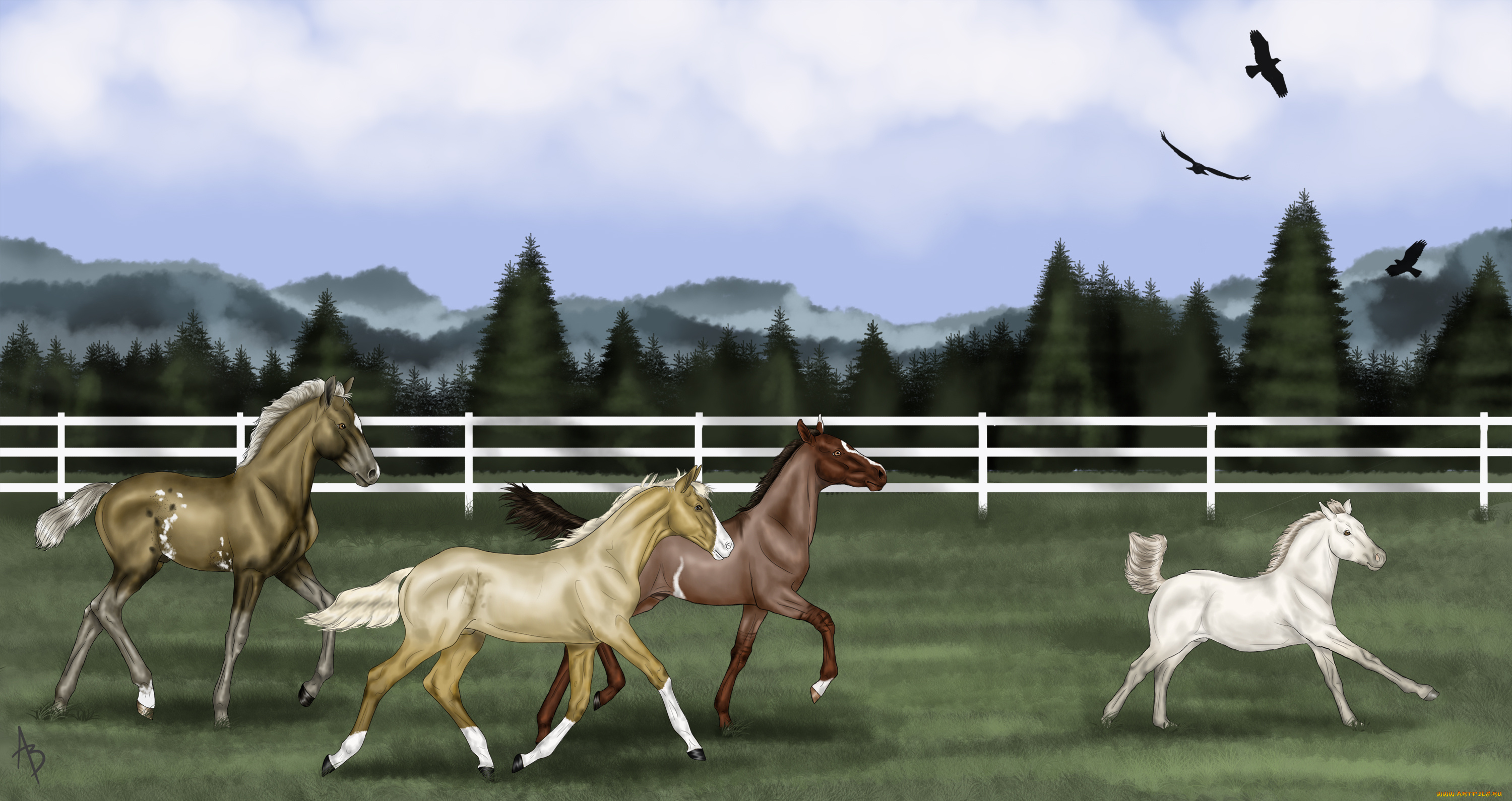 рисованные, животные, лошади, лес, забор