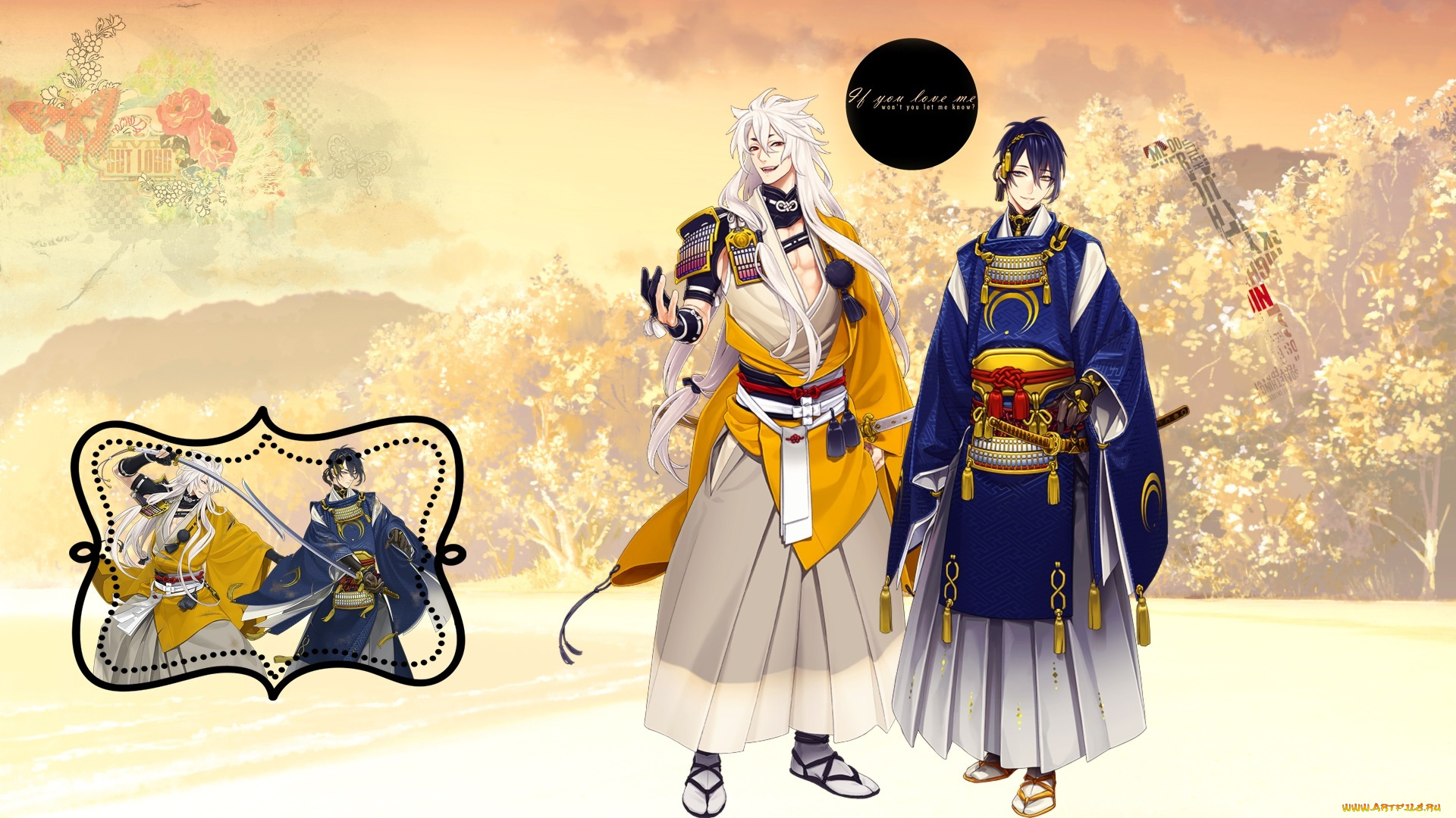 аниме, touken, ranbu, touken, ranbu, длинные, волосы, улыбка, японская, одежда, munechika, mikazuki, катана, парни, kogitsumaru