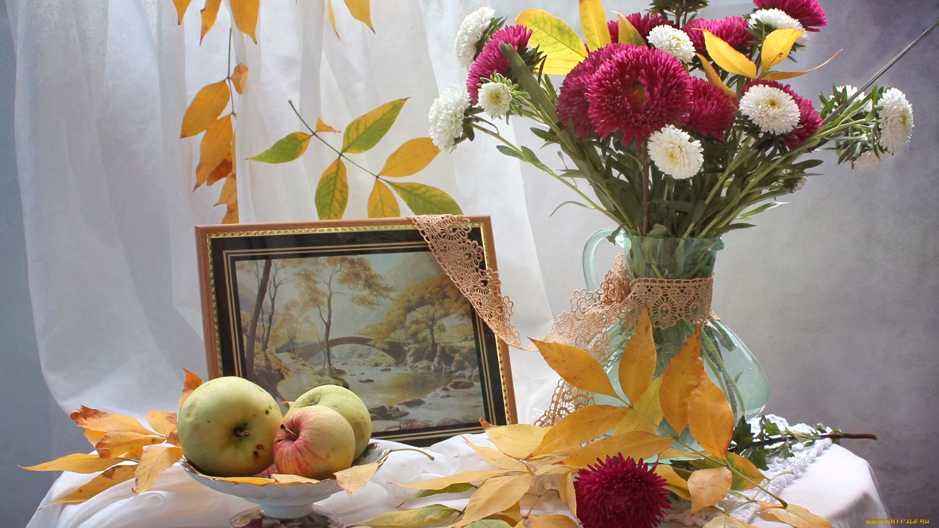 еда, Яблоки, букет, астры, картина, листья, осень, яблоки, натюрморт