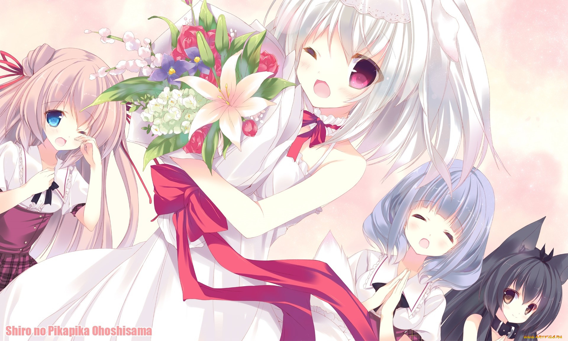 аниме, unknown, , другое, подружки, цветы, свадебное, платье, взгляд, фон, свадьба, девушки