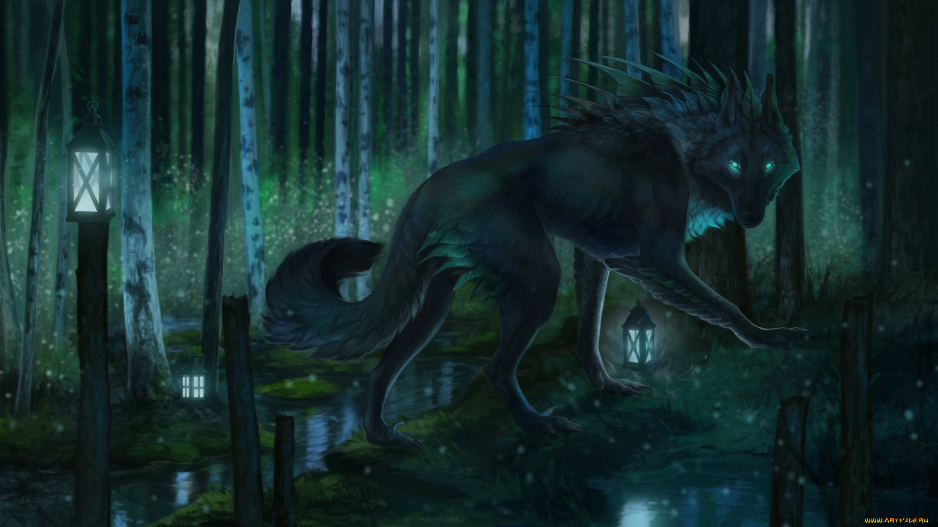 фэнтези, оборотни, природа, ночь, фонарь, лес, волк