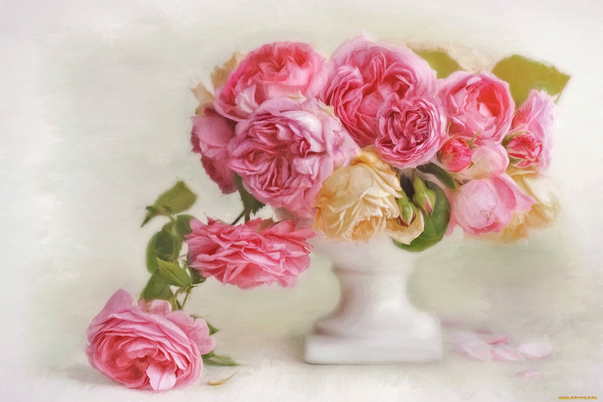 рисованное, цветы, лепестки, розы, арт, ваза