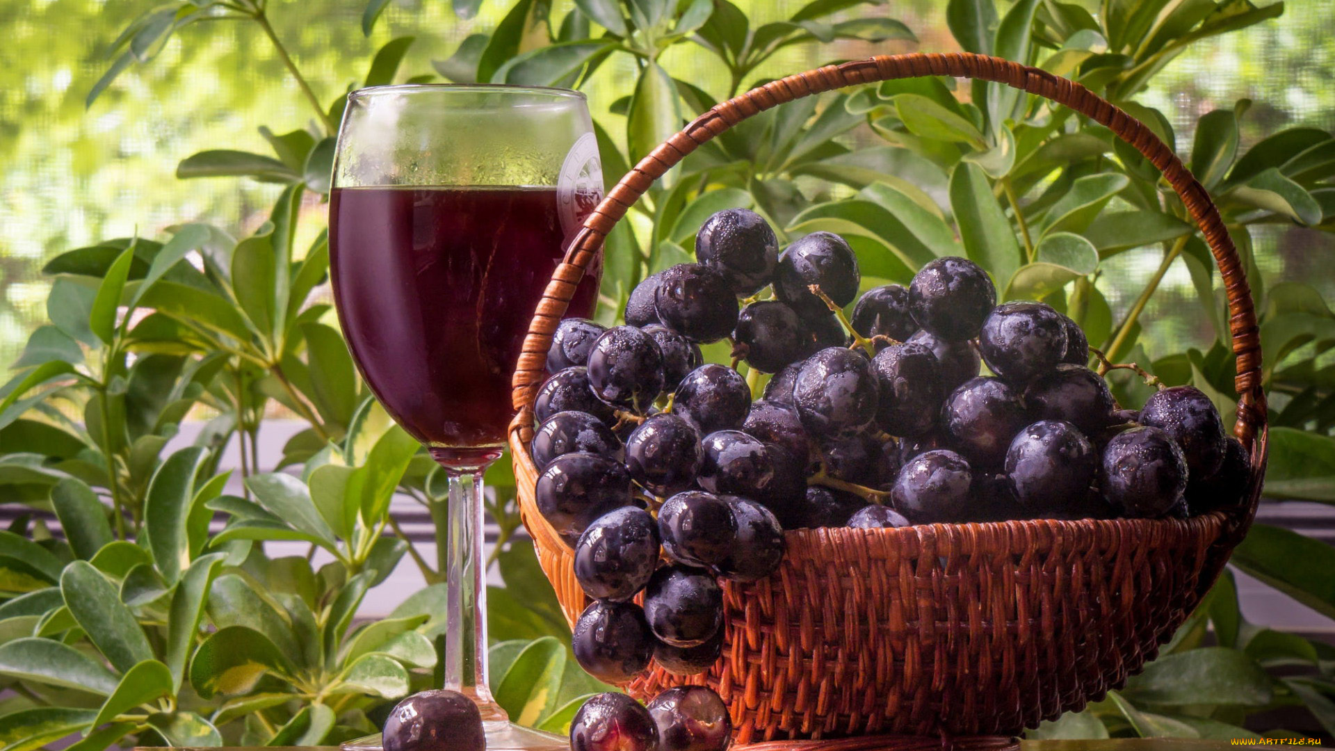 еда, виноград, бокал, вино, корзинка