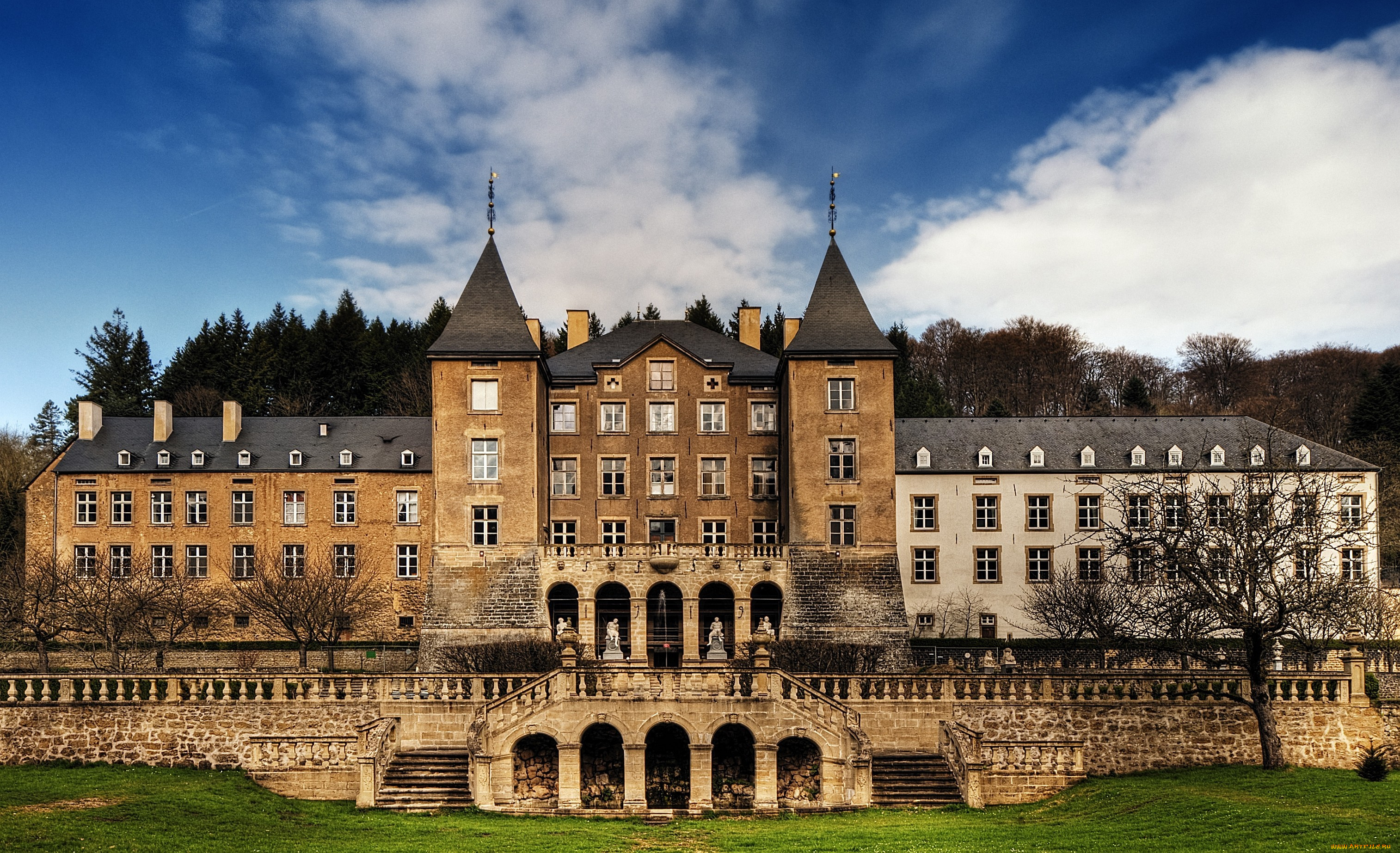 замок, ансембург, германия, города, дворцы, замки, крепости, скульптуры, башни, окна, лестницы