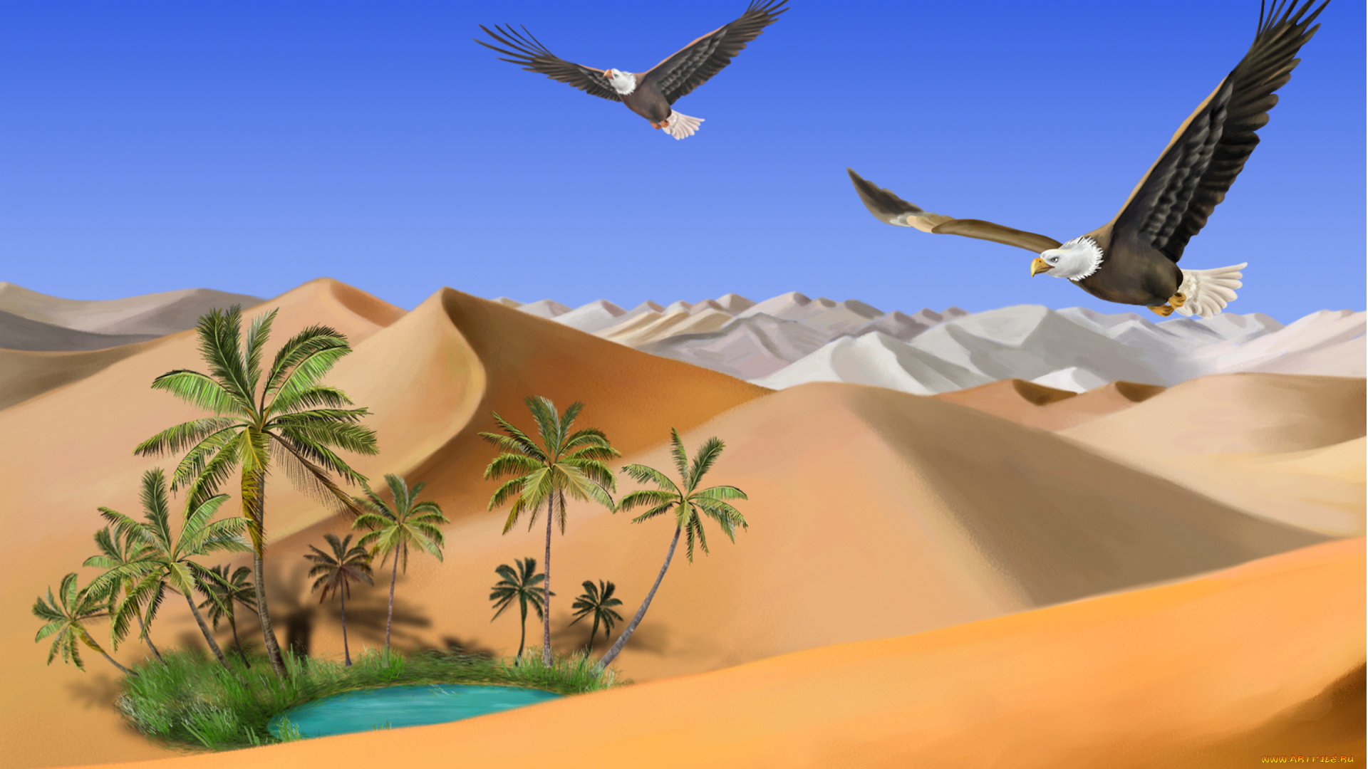 3д, графика, nature, landscape, природа, пустыня, песок, орлы, оазис