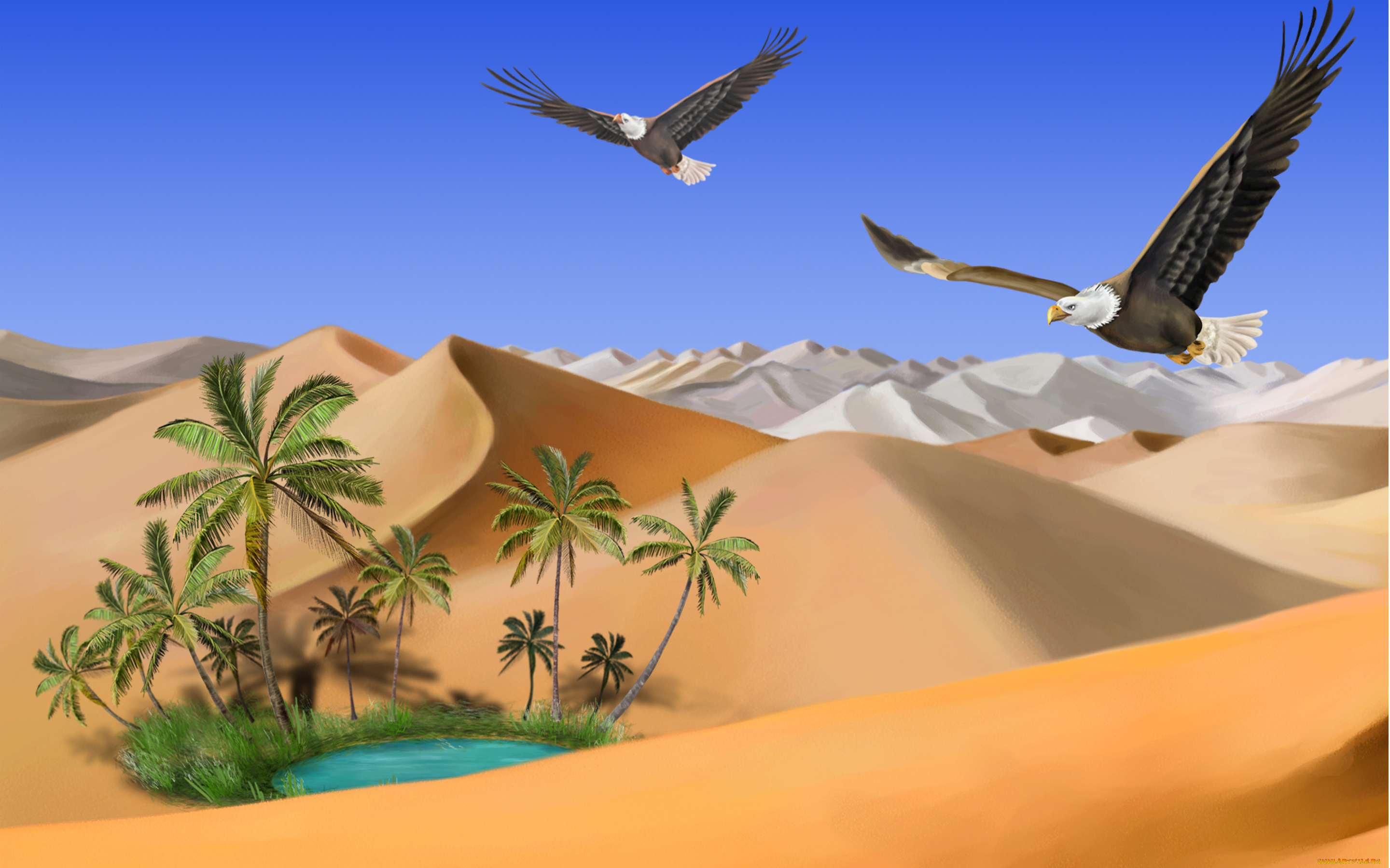 3д, графика, nature, landscape, природа, пустыня, песок, орлы, оазис