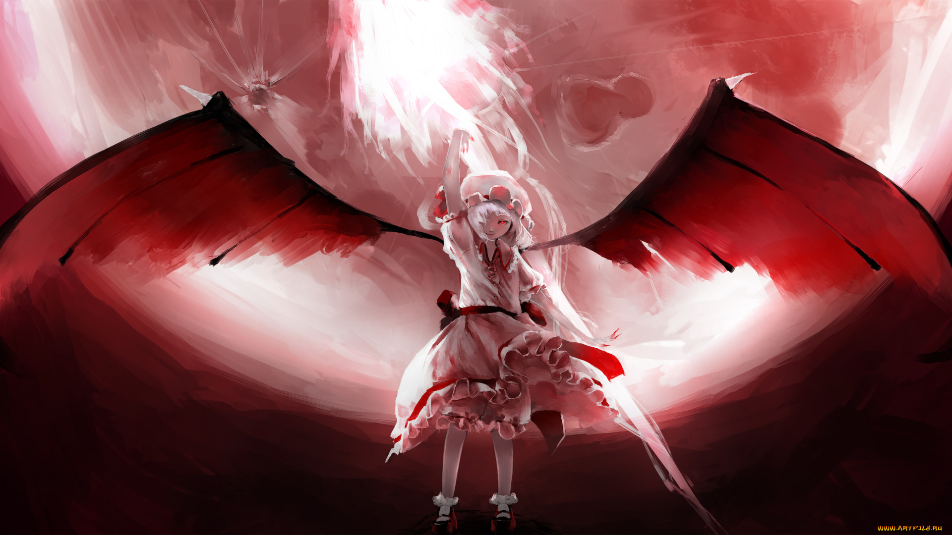 аниме, touhou, девушка, полнолуние, луна, крылья, демон, karasu-san, remilia, scarlet