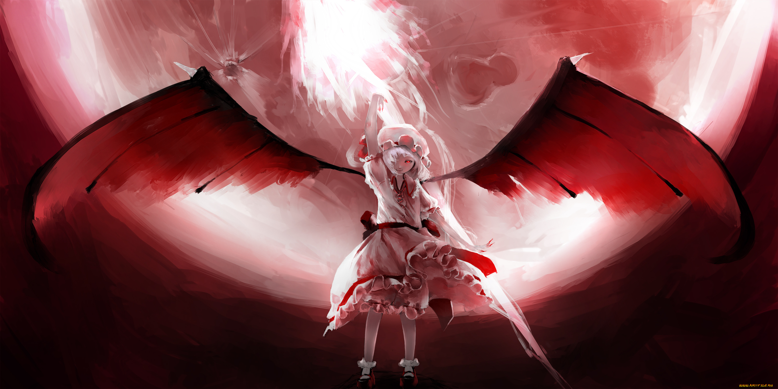 аниме, touhou, девушка, полнолуние, луна, крылья, демон, karasu-san, remilia, scarlet