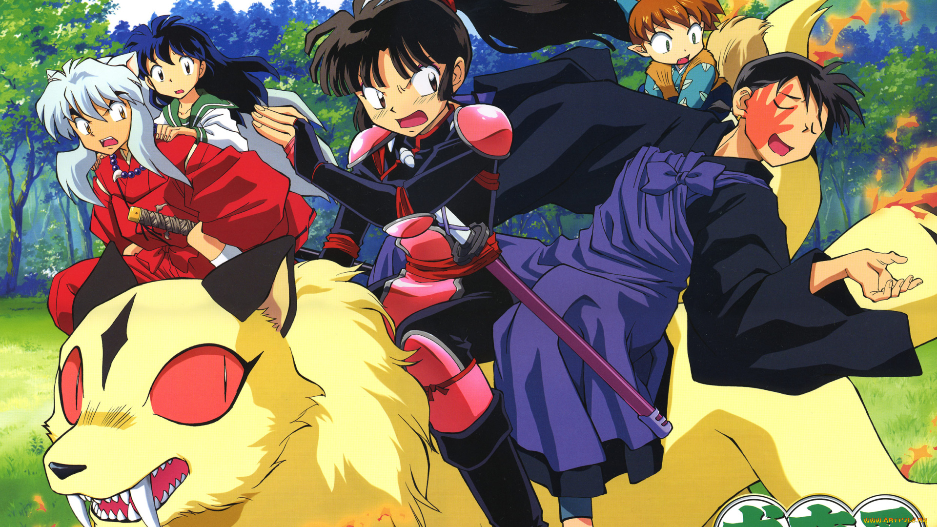 аниме, inuyasha, друзья, kirara, higurashi, kagome, takahashi, rumiko, shippou, miroku, sango