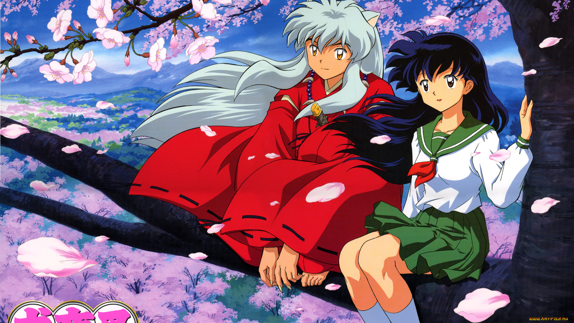 аниме, inuyasha, higurashi, kagome, весна, дерево, сакура, инуяша, кагоме