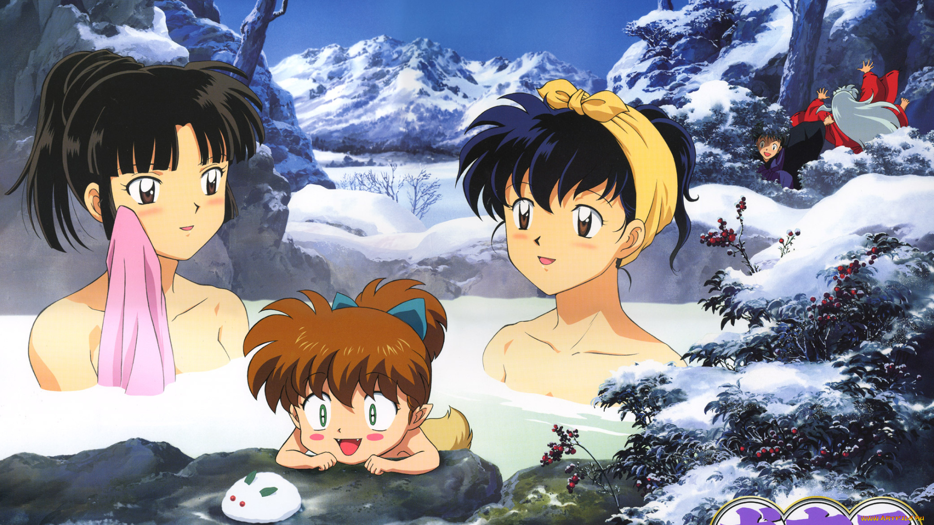 аниме, inuyasha, miroku, зима, горячие, источники, higurashi, kagome, shippou, sango