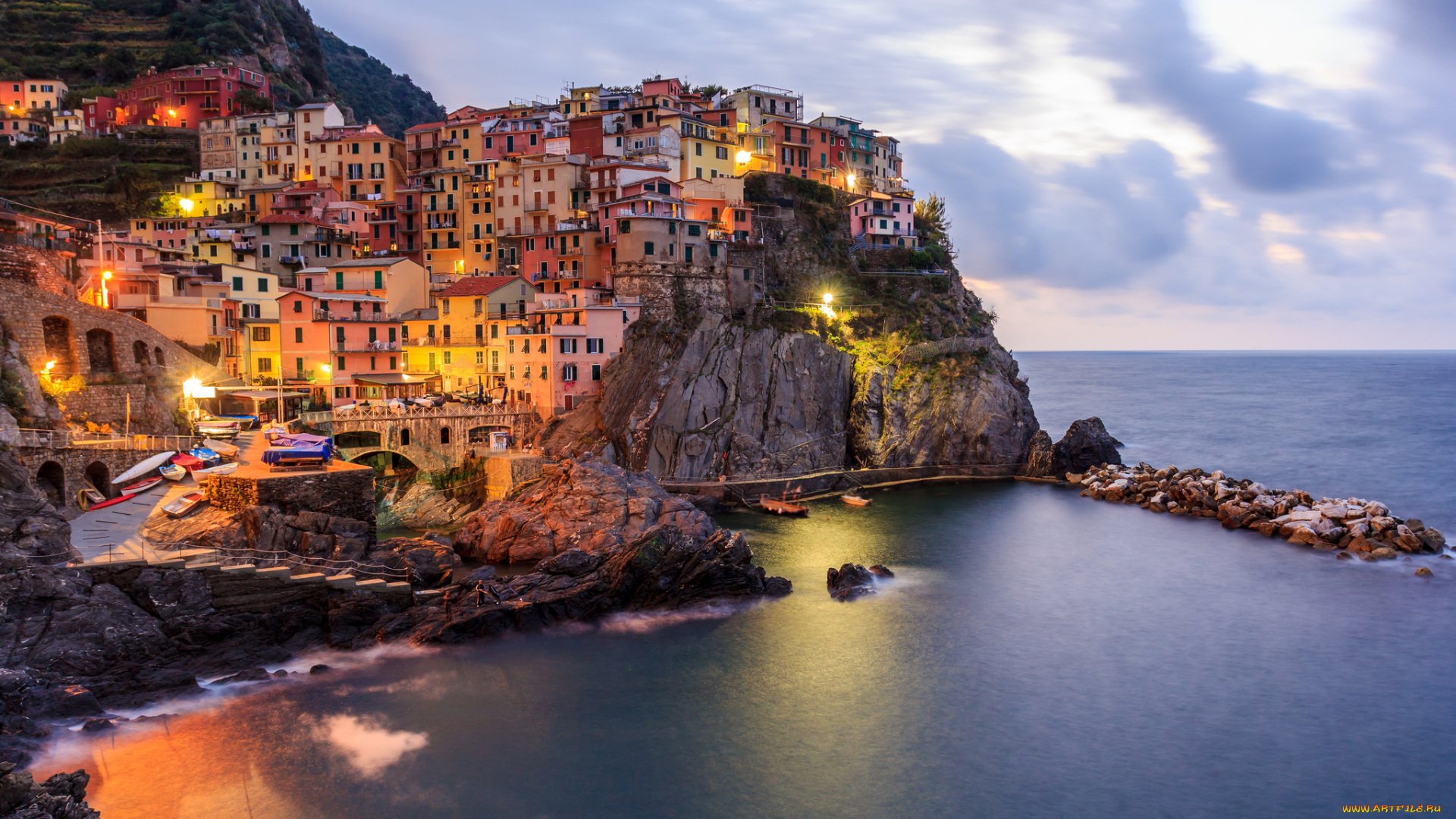 manarola, города, -, пейзажи, скала, поселок, море