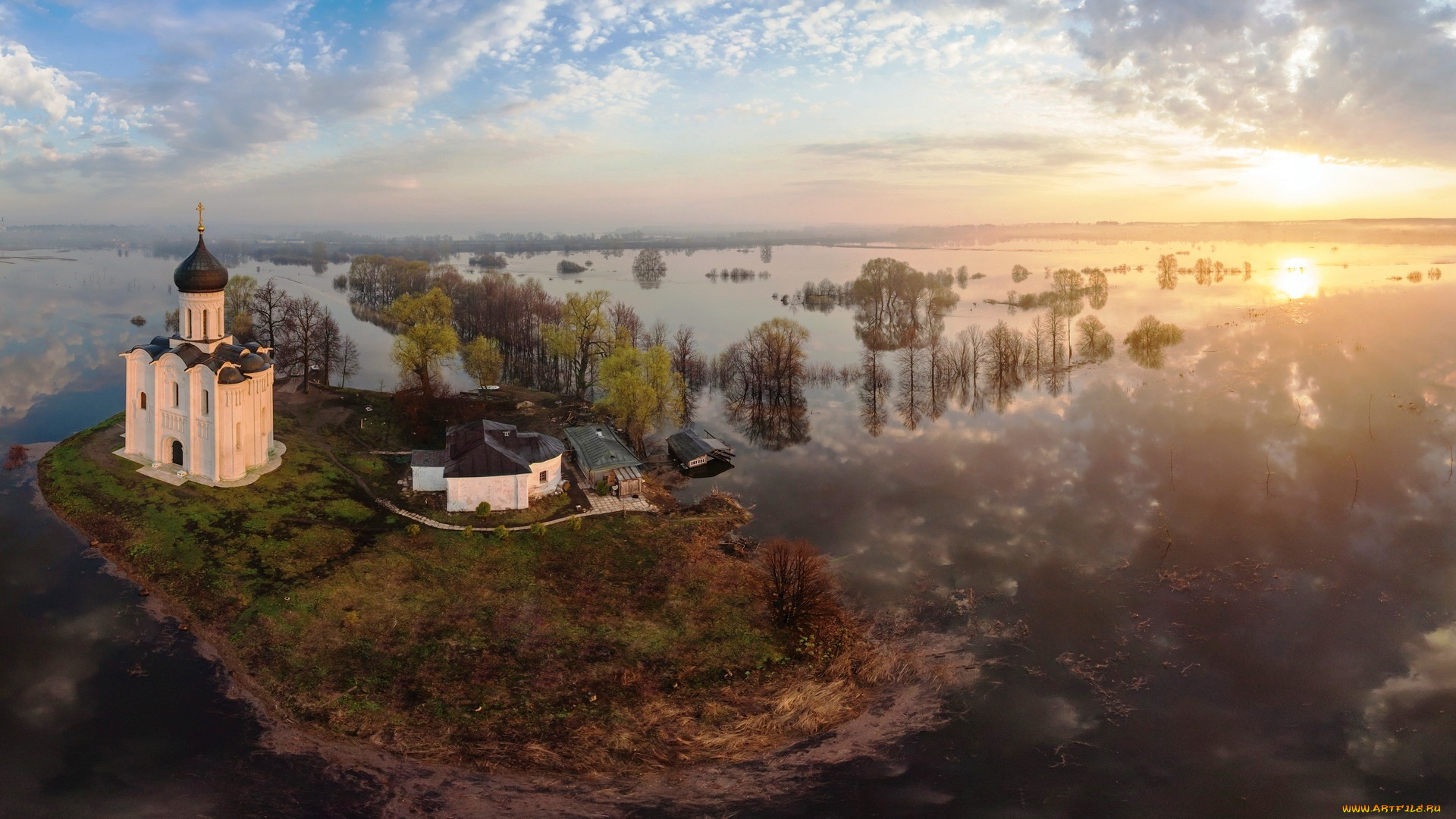 церковь, покрова, на, нерли, города, -, православные, церкви, , монастыри, церковь, остров, деревья, разлив, весна, река