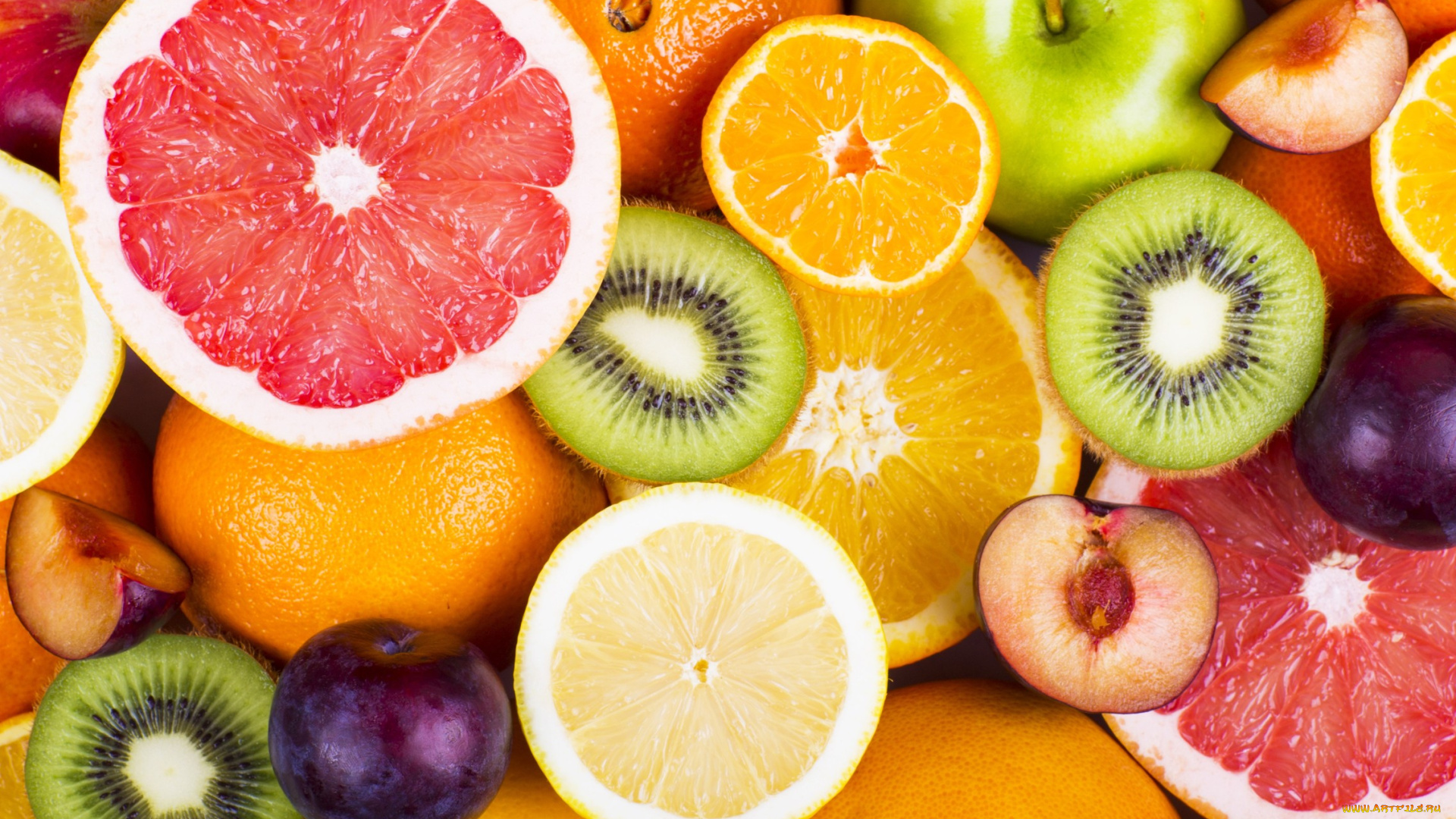 еда, фрукты, , ягоды, грейпфрут, яблоки, лимон, сливы, киви, апельсины