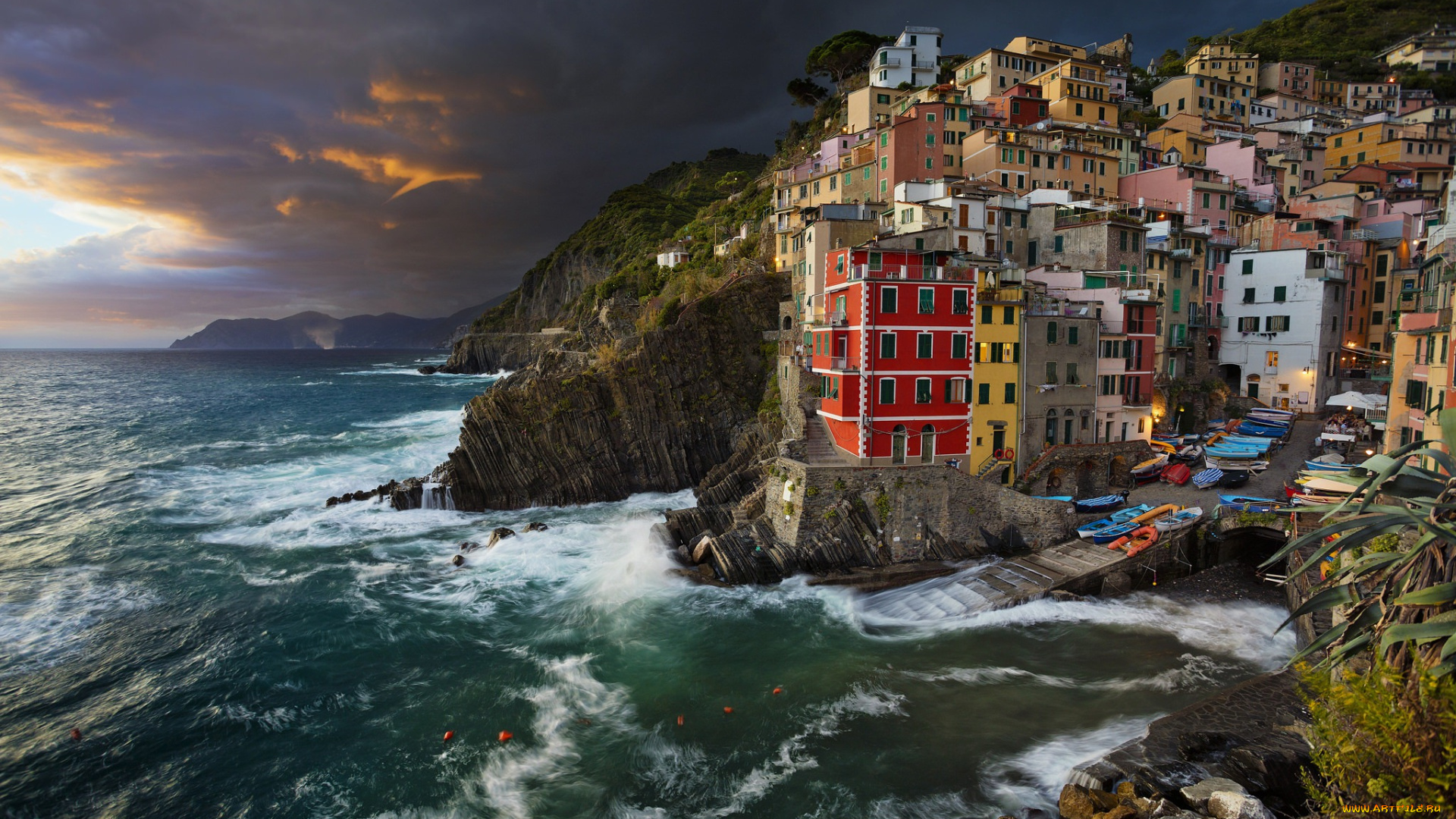 города, -, пейзажи, лигурийское, море, italy, ligurian, sea, liguria, лигурия, cinque, terre, риомаджоре, вечер, здания, побережье