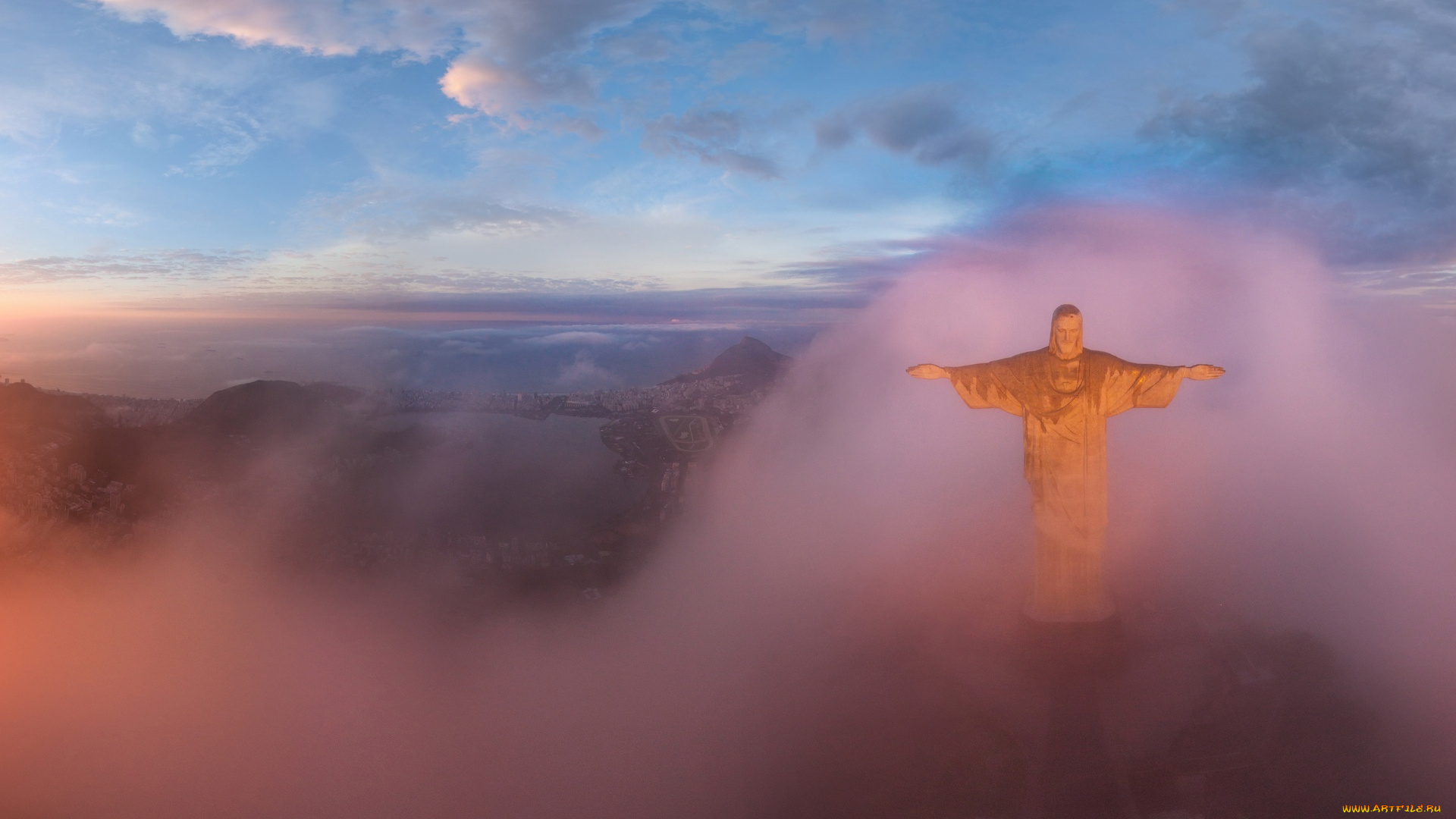 города, рио-де-жанейро, , бразилия, утро, туман, горы, море, облака, небо, статуя
