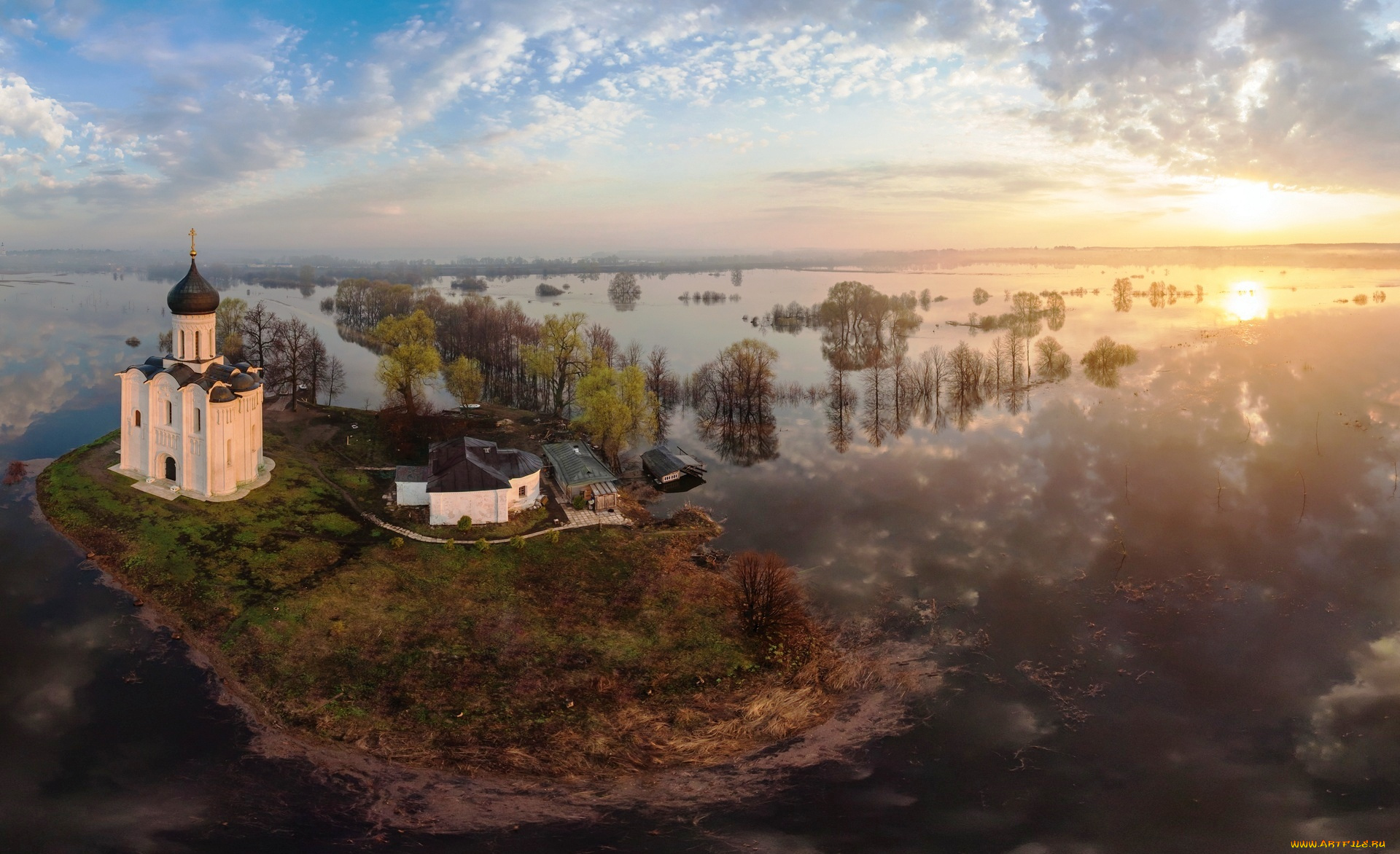 церковь, покрова, на, нерли, города, -, православные, церкви, , монастыри, церковь, остров, деревья, разлив, весна, река