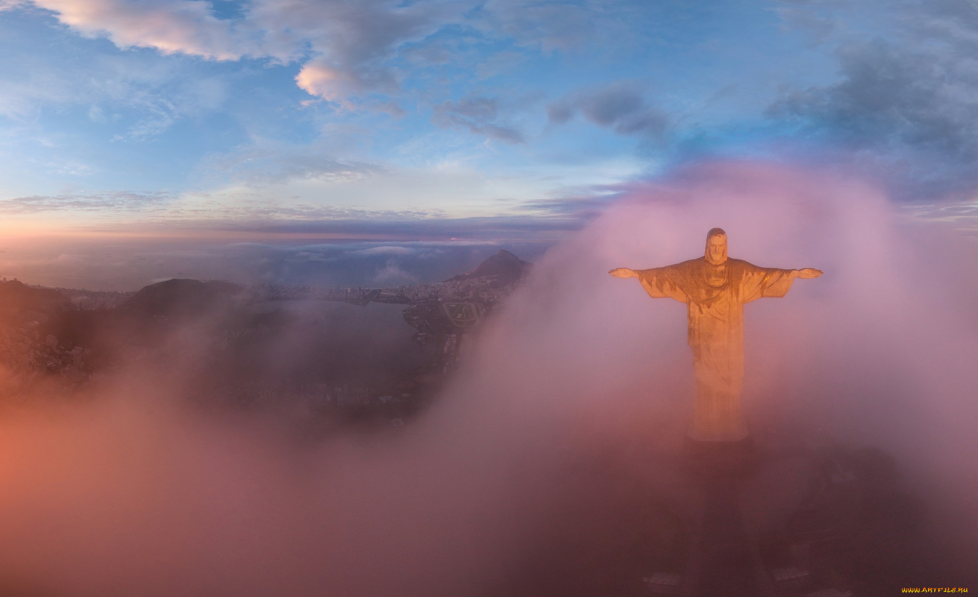 города, рио-де-жанейро, , бразилия, утро, туман, горы, море, облака, небо, статуя
