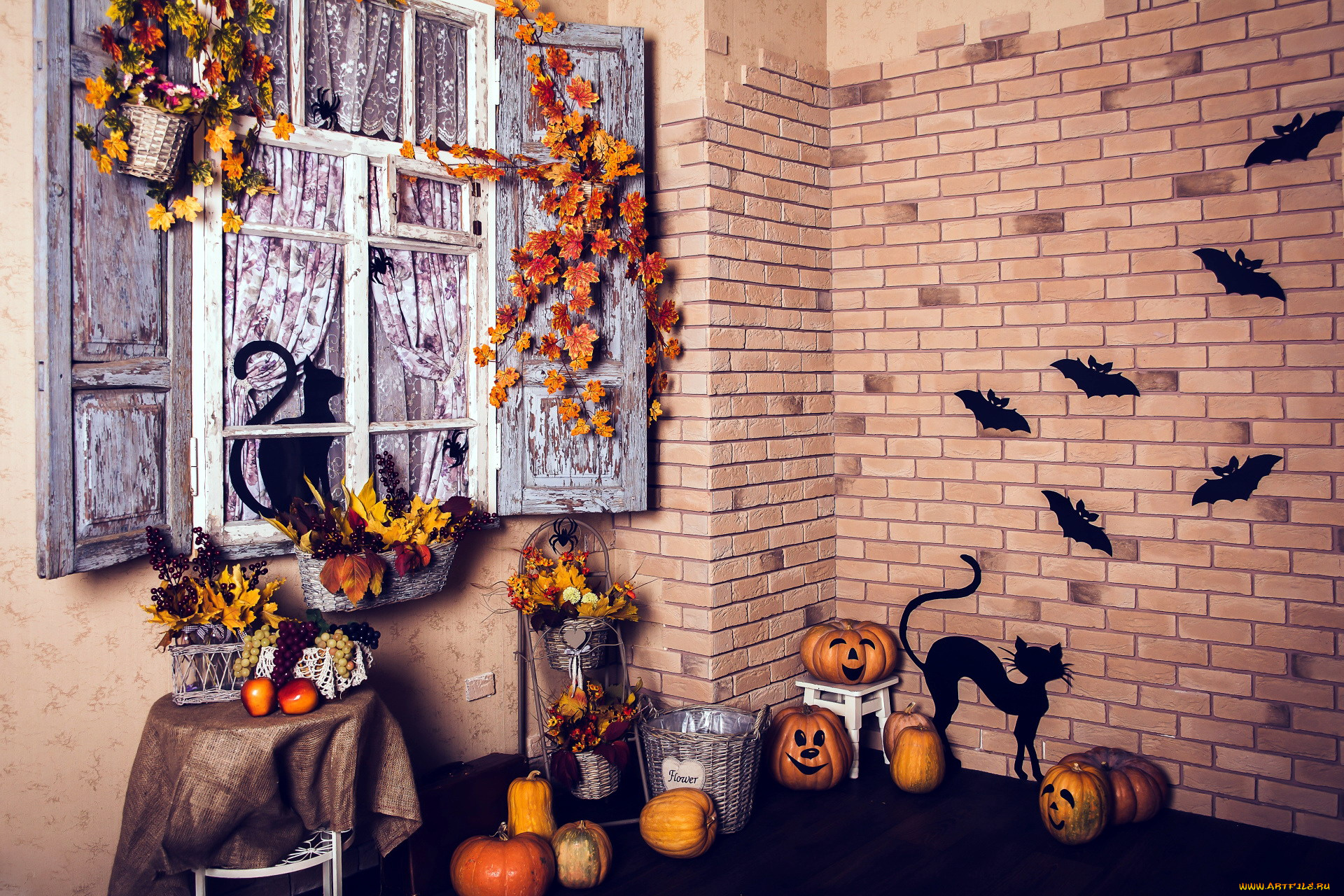 праздничные, хэллоуин, мыши, листья, летучие, виноград, декорация, тыквы