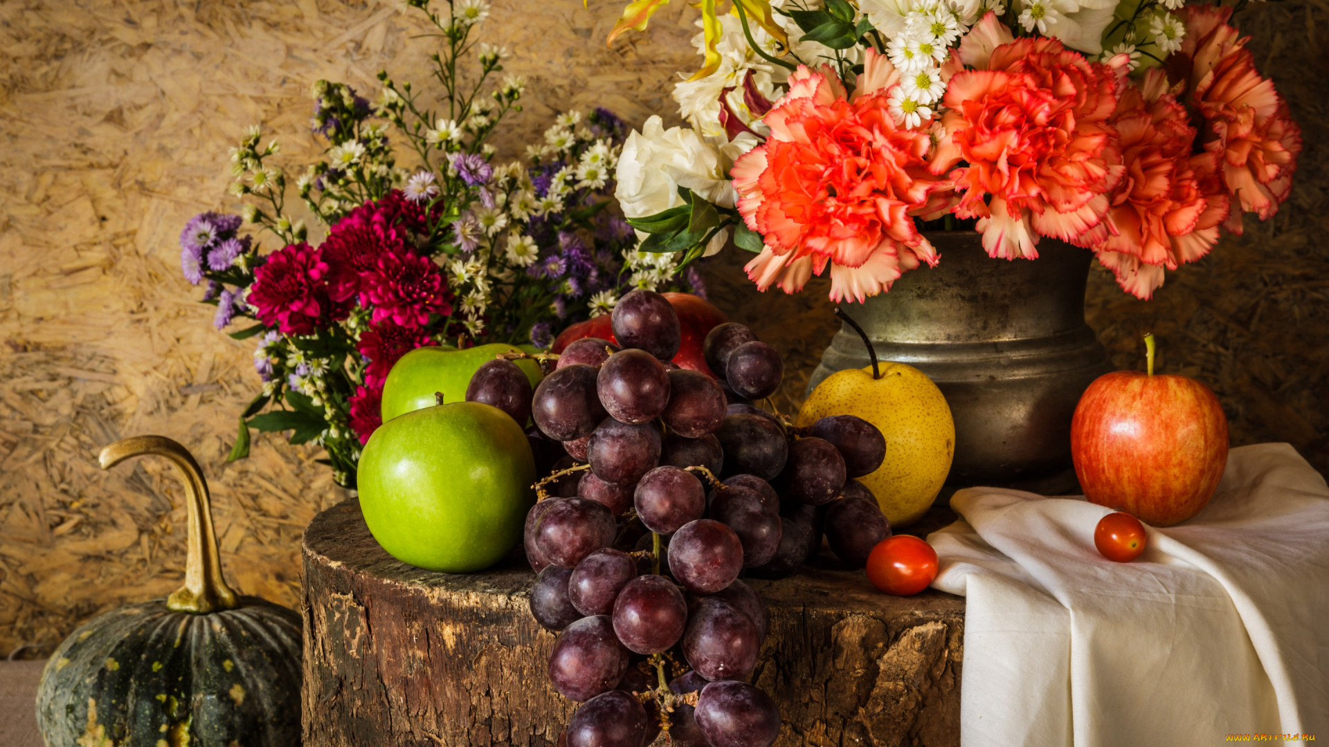 еда, натюрморт, фрукты, тыква, виноград, букет, vegetable, still, life, grapes, fruit, flowers, овощи, груши, яблоки, цветы